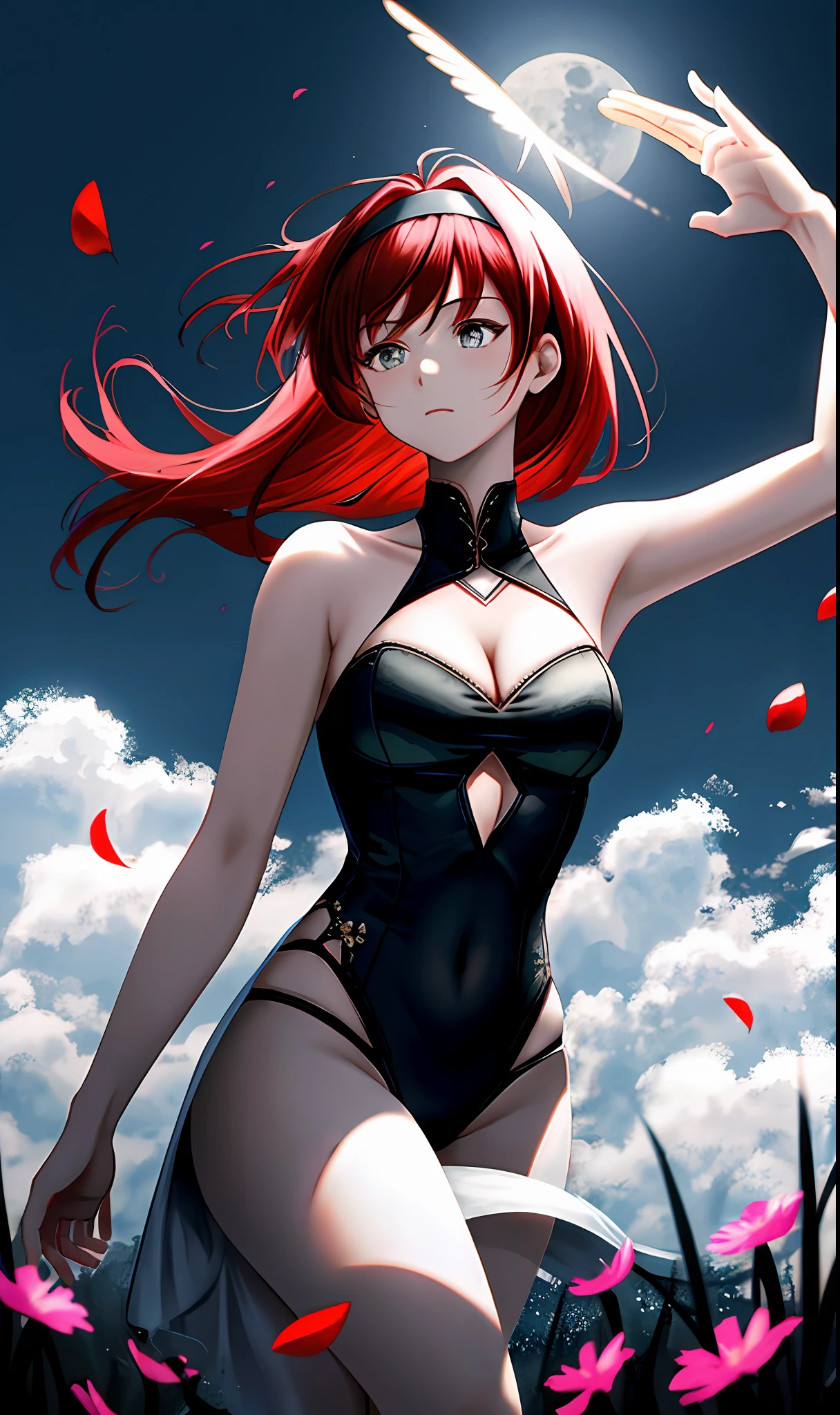 ((masterpiece, best quality)), (1girl),((mature female)), red hair, hairband, bangs, long hair, two piece strapless suit, micro suit, __location__， leotard, , black hairband, shoulder cutout, black thitying hair,curvy,cleavage,confident, ((flying petal)),(Flowery meadow) sky, cloudy_sky, building, moonlight, moon, night, (dark theme:1.3), light, fantasy,