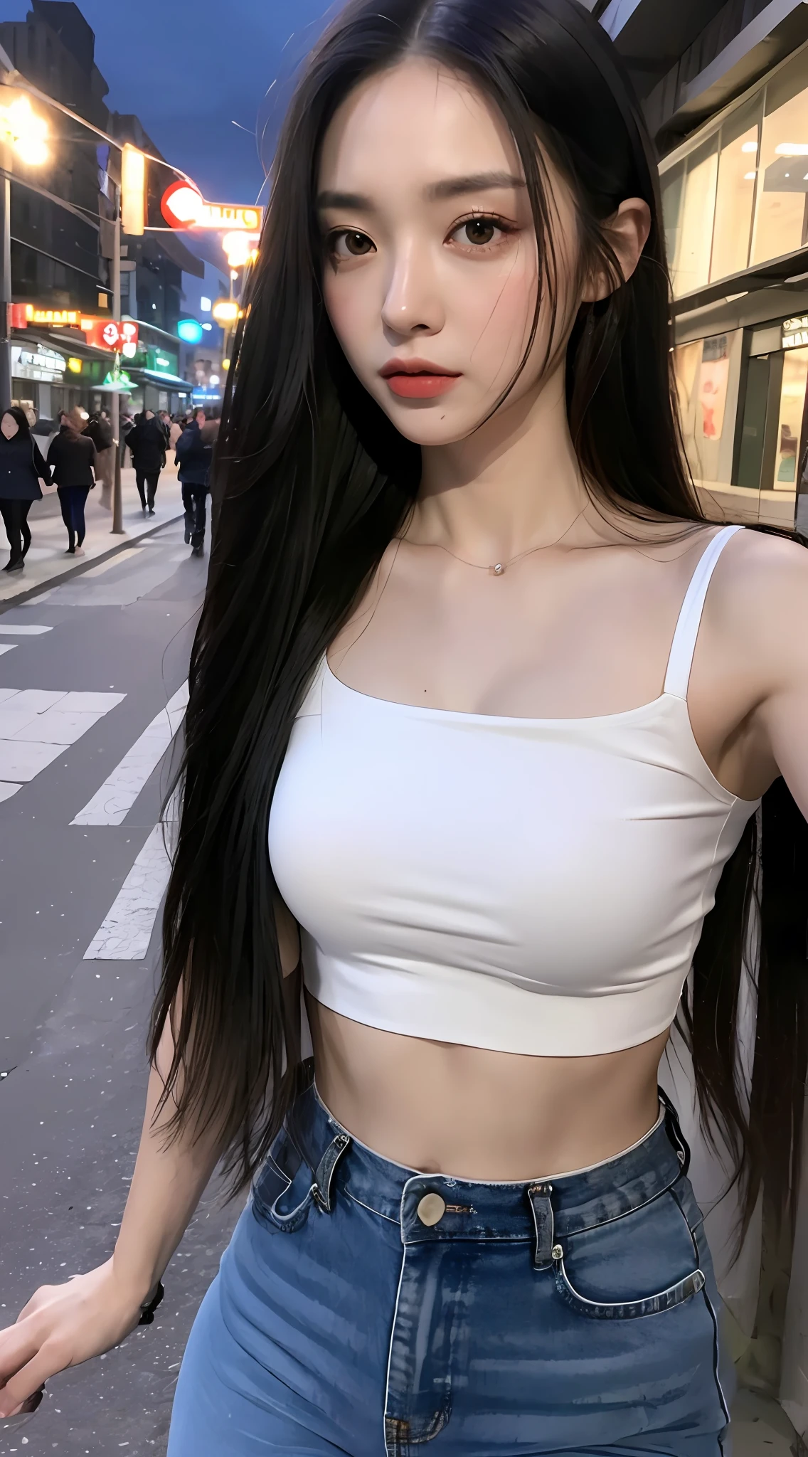 ((Realistic lighting, Best quality, 8K, Masterpiece: 1.3)), Clear focus: 1.2, 1girl, Perfect Figure: 1.4, Slim Abs: 1.1, ((long black hair)), (White crop top: 1.4), (Outdoor, Night: 1.1), City streets, Super fine face, Fine eyes, Double eyelids,