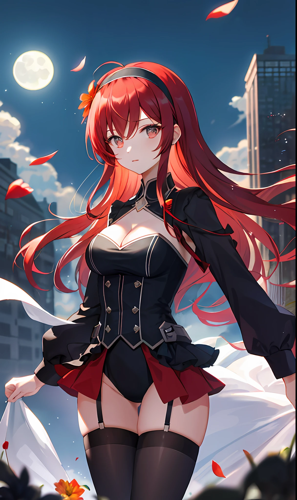 ((masterpiece, best quality)), (1girl),((mature female)), red hair, hairband, bangs, long hair, two piece strapless suit, micro suit, __location__, leotard, , black hairband, shoulder cutout, black thitying hair,curvy,cleavage,confident, ((flying petal)),(Flowery meadow) sky, cloudy_sky, building, moonlight, moon, night, (dark theme:1.3), light, fantasy,