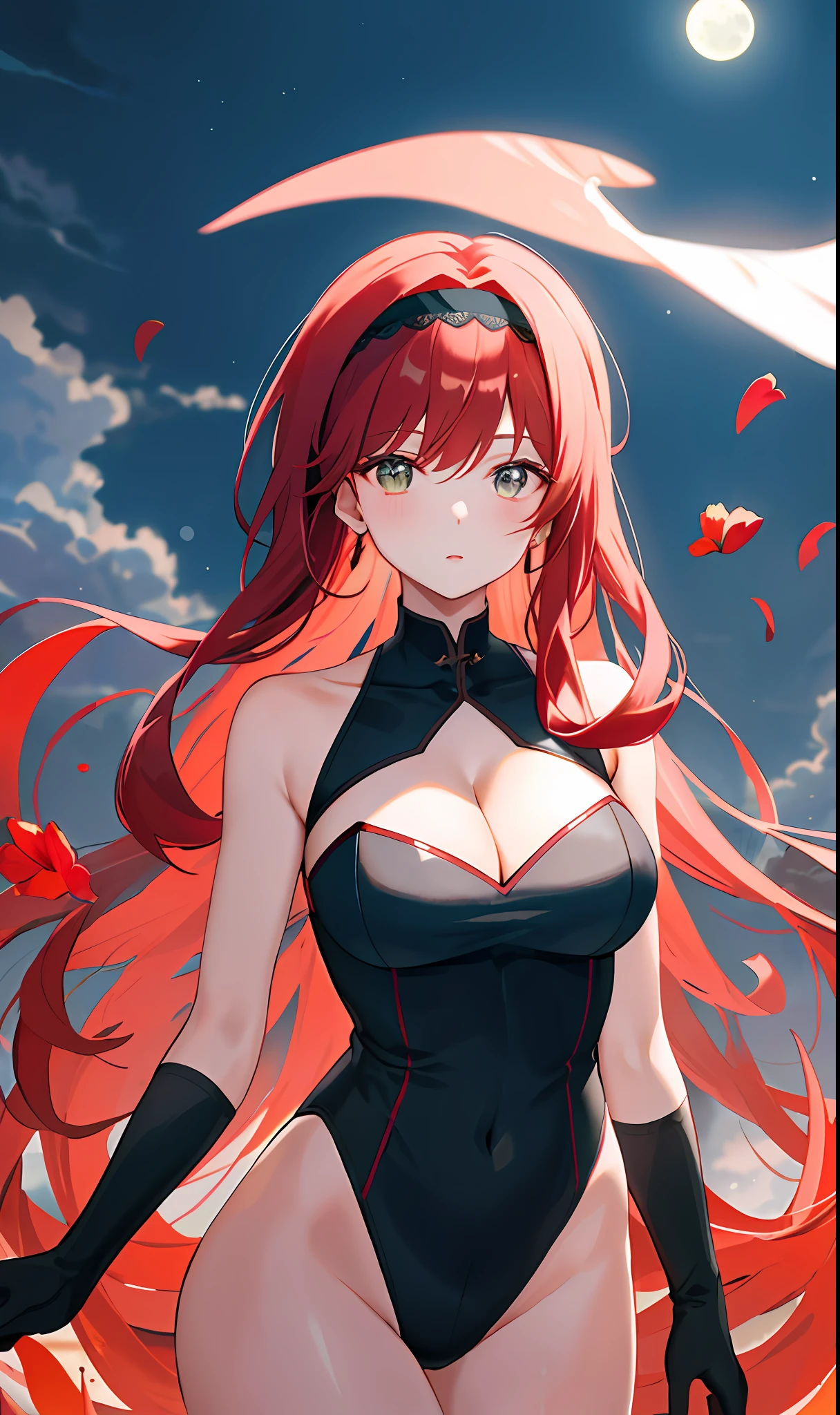 ((masterpiece, best quality)), (1girl),((mature female)), red hair, hairband, bangs, long hair, two piece strapless suit, micro suit, __location__, leotard, , black hairband, shoulder cutout, black thitying hair,curvy,cleavage,confident, ((flying petal)),(Flowery meadow) sky, cloudy_sky, building, moonlight, moon, night, (dark theme:1.3), light, fantasy,