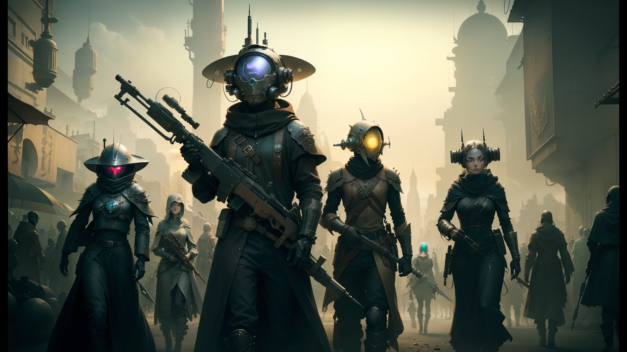 arafed image of a group of people with weapons and helmets, characters from machinarium, ornate cyberpunk robes, the shrike, inspired by Ogata Gekkō, steampunk world spikes, arid planet, terminals, official artwork, (ethereal), parade, screenshot from a movie, cultist, beautiful sci - fi twins --auto --s2