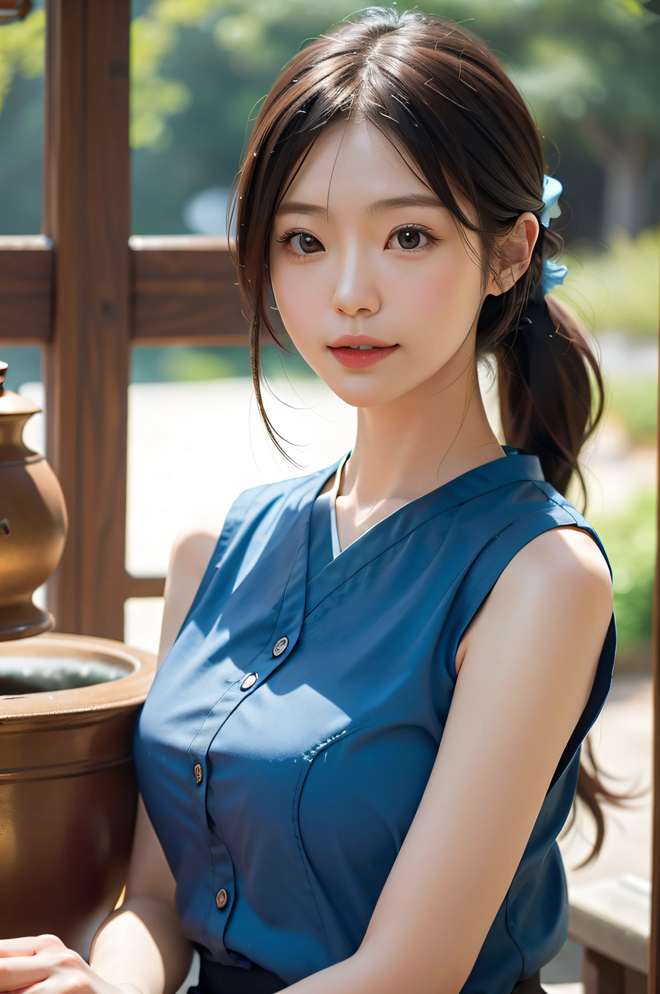 woman,japanese,blue shirt,sleeveless,realistic details, high resolution,bokeh,outstanding details