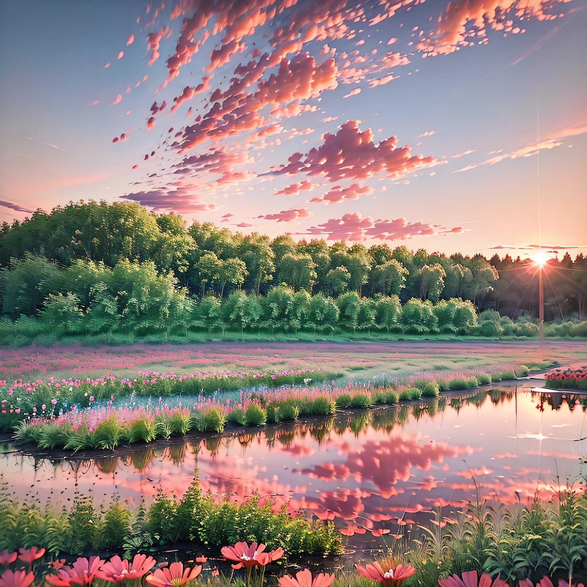 Beautiful sunset against the background of burial mounds and cosmos fields, a lot of cosmos, gradients, surreal colors, vivid sunset, wonderful reflection of the sky, stunning sky, dreamy atmosphere 8k, colorful clouds, red and blue reflections, reflections of fire, beautiful sky, beautiful spectacular dusk, beautiful dreamy landscape, --auto --s2