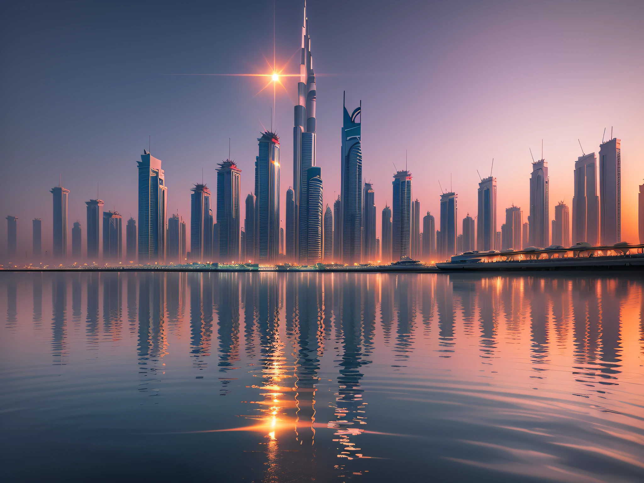A mesmerizing view of Dubai's cityscape seen through sea waters with the reflection of a sunset --auto --s2