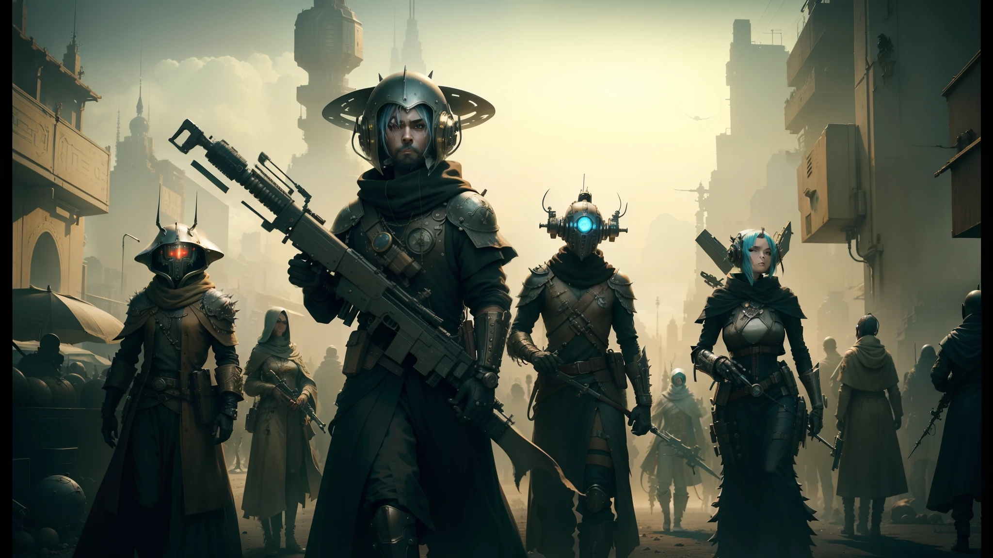 arafed image of a group of people with weapons and helmets, characters from machinarium, ornate cyberpunk robes, the shrike, inspired by Ogata Gekkō, steampunk world spikes, arid planet, terminals, official artwork, (ethereal), parade, screenshot from a movie, cultist, beautiful sci - fi twins --auto --s2