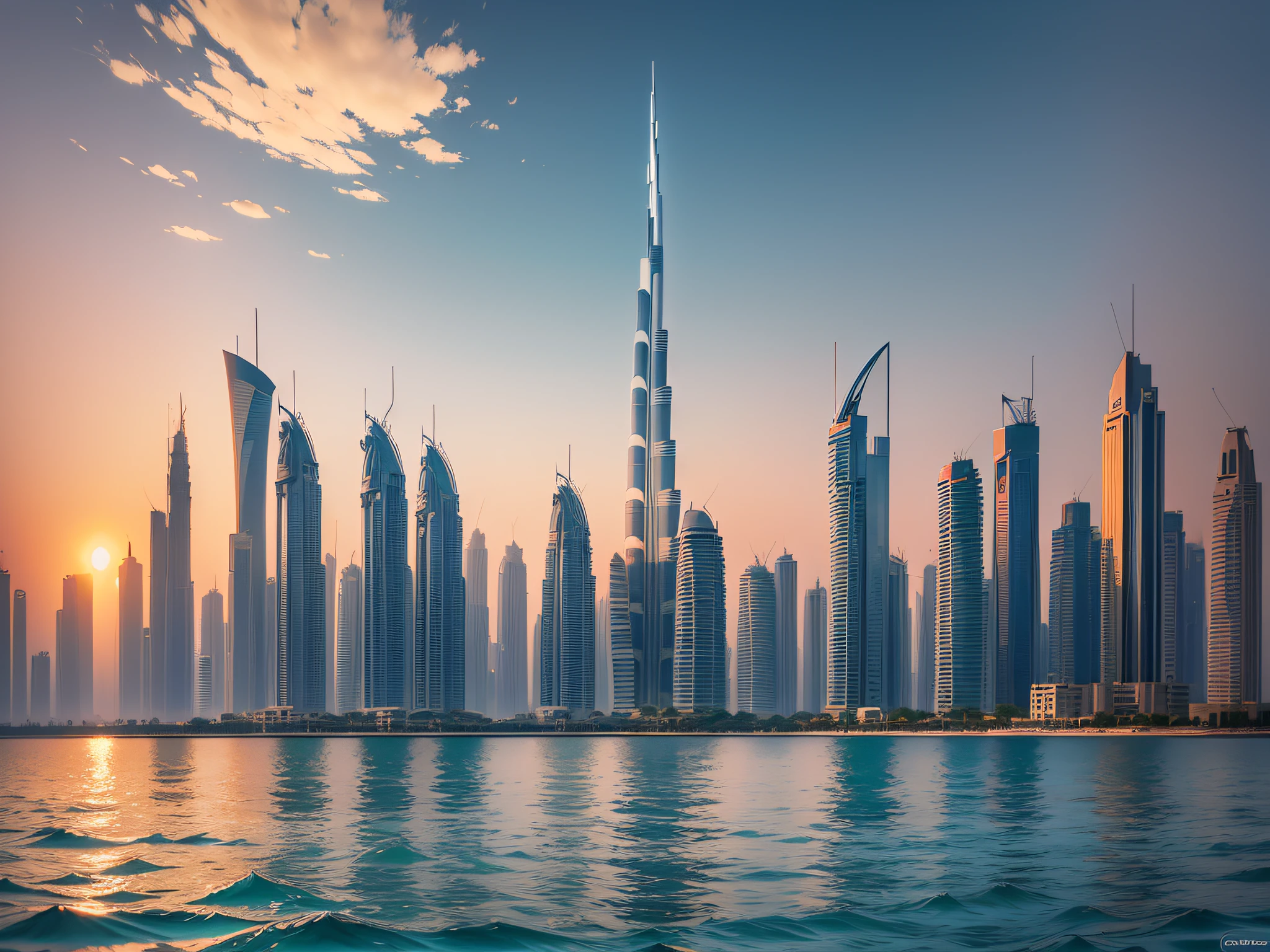 A mesmerizing view of Dubai's cityscape seen through sea waters with the reflection of a sunset --auto --s2