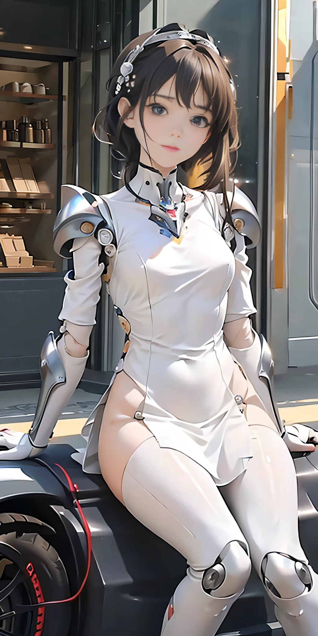 ((((masterpiece))), (best quality)))), (((ultra-detailed))), (CG illustration), ((extremely delicate and beautiful)), (cute and delicate face), cinematic light, ((1 mechanical girl)), solo, full body, (machine made joints:1.4), ((mechanical limb) ), (blood vessels connected to tubes), ((mechanical vertebrae attached to the back), ((mechanical cervical vertebrae attached to the neck)), ((sitting)), expressionless, (armor attached to the head and body: 1.5), (character focus), science fiction