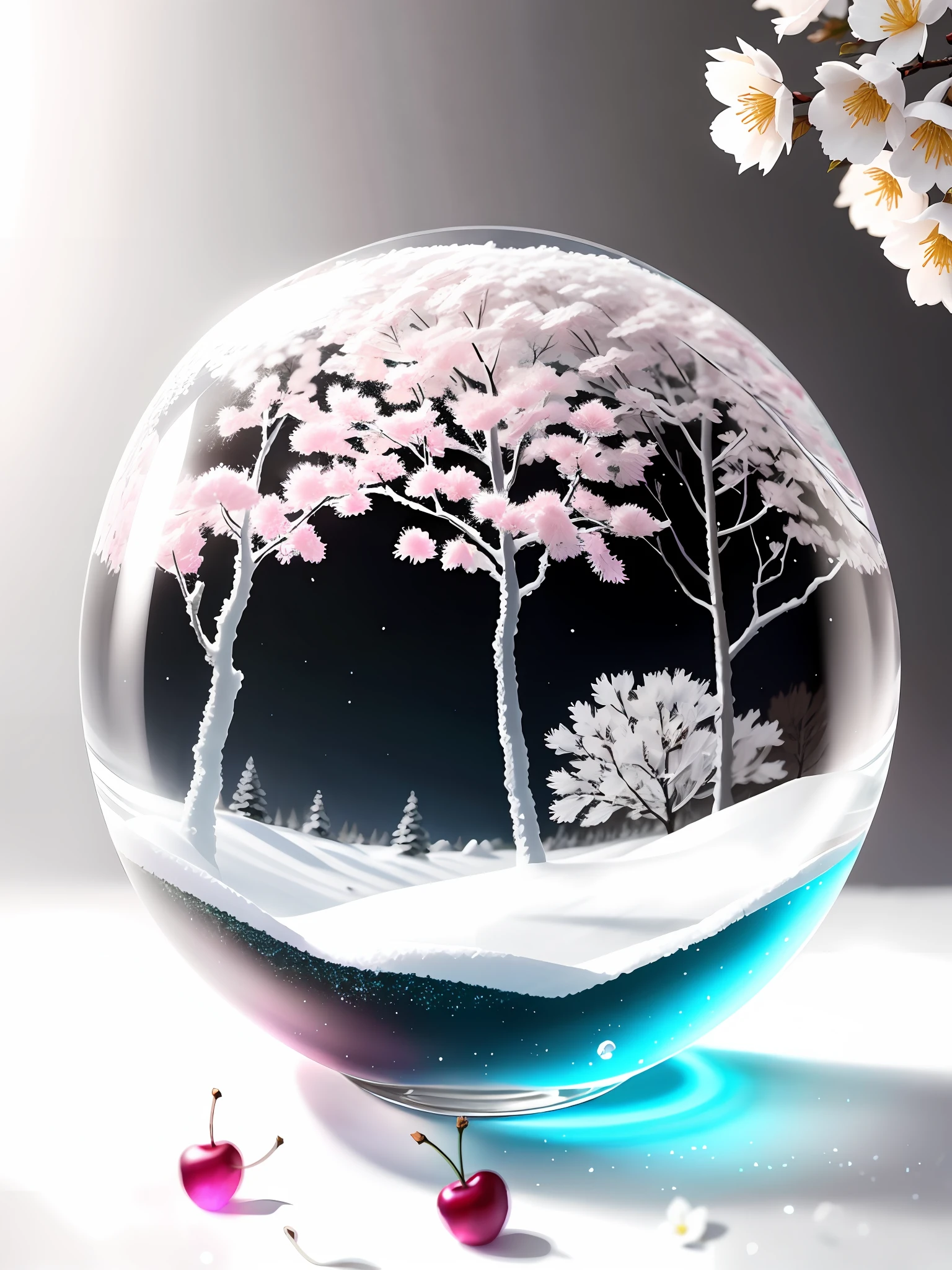Glitter, gorgeous and amazing natural depth of field photos, blooming beautifully in the snow, transparent petals, clear petals, fog, beautiful scene, artistic, fantastic, touching, hyper-realism, 16K high resolution, Unreal Engine, soft light, glass sphere, single cherry tree,