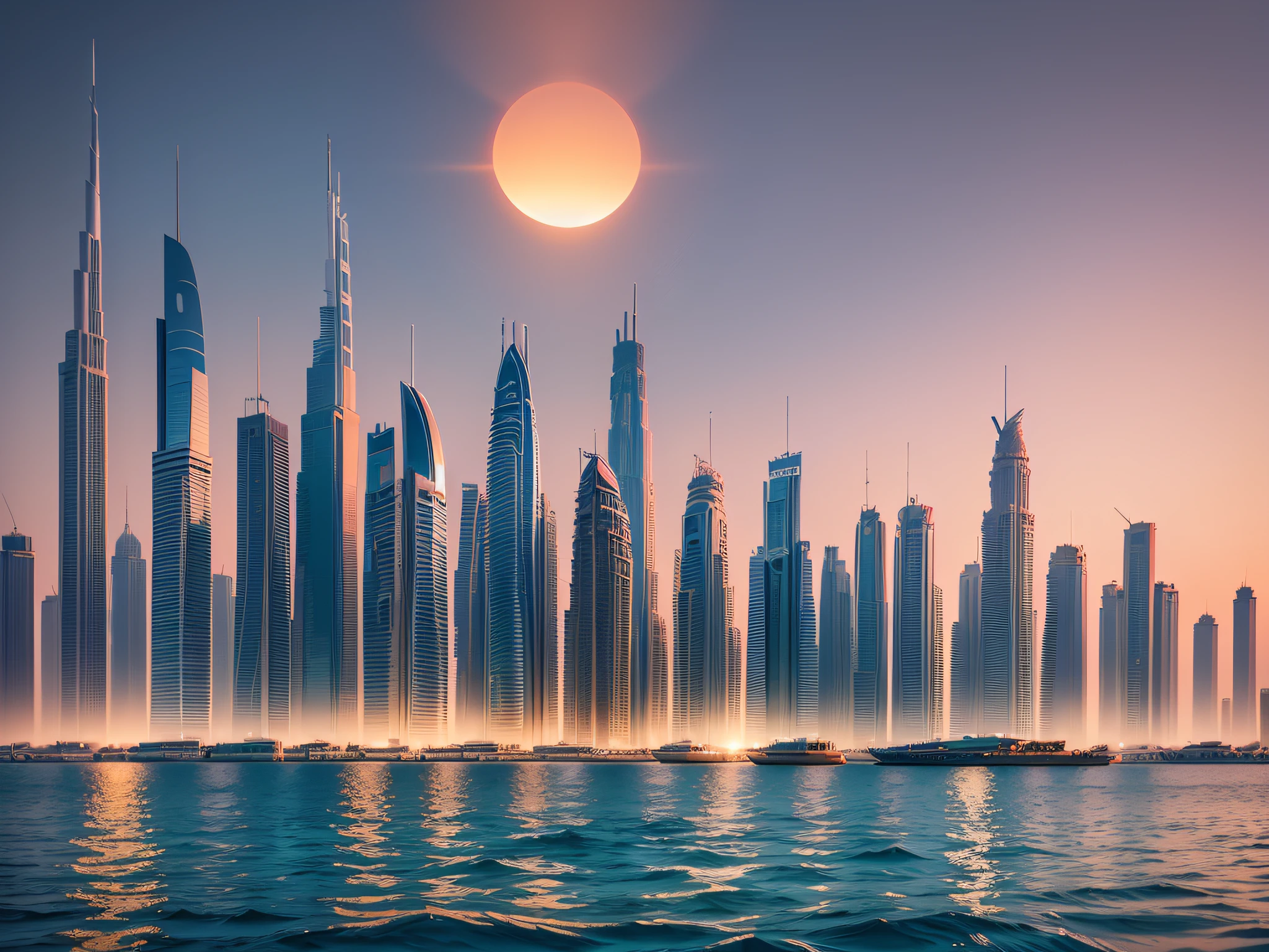 A mesmerizing view of Dubai's cityscape seen through sea waters with the reflection of a sunset --auto --s2