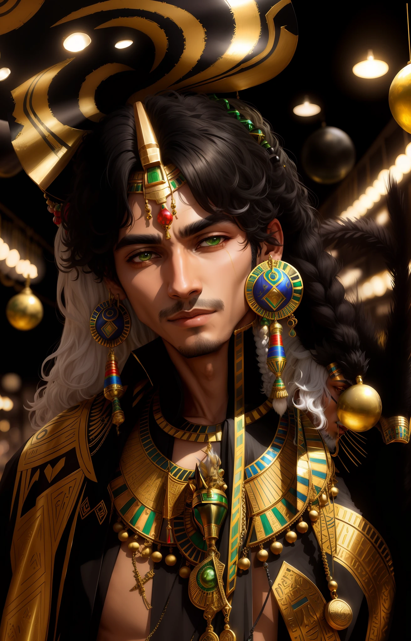 Men, Egyptian style, various colorful accessories, anubis, white hair curly, wild, background green