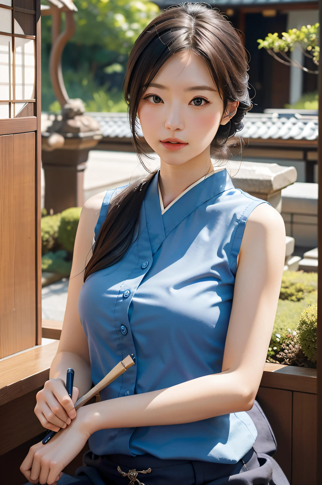 woman,japanese,blue shirt,sleeveless,realistic details, high resolution,bokeh,outstanding details