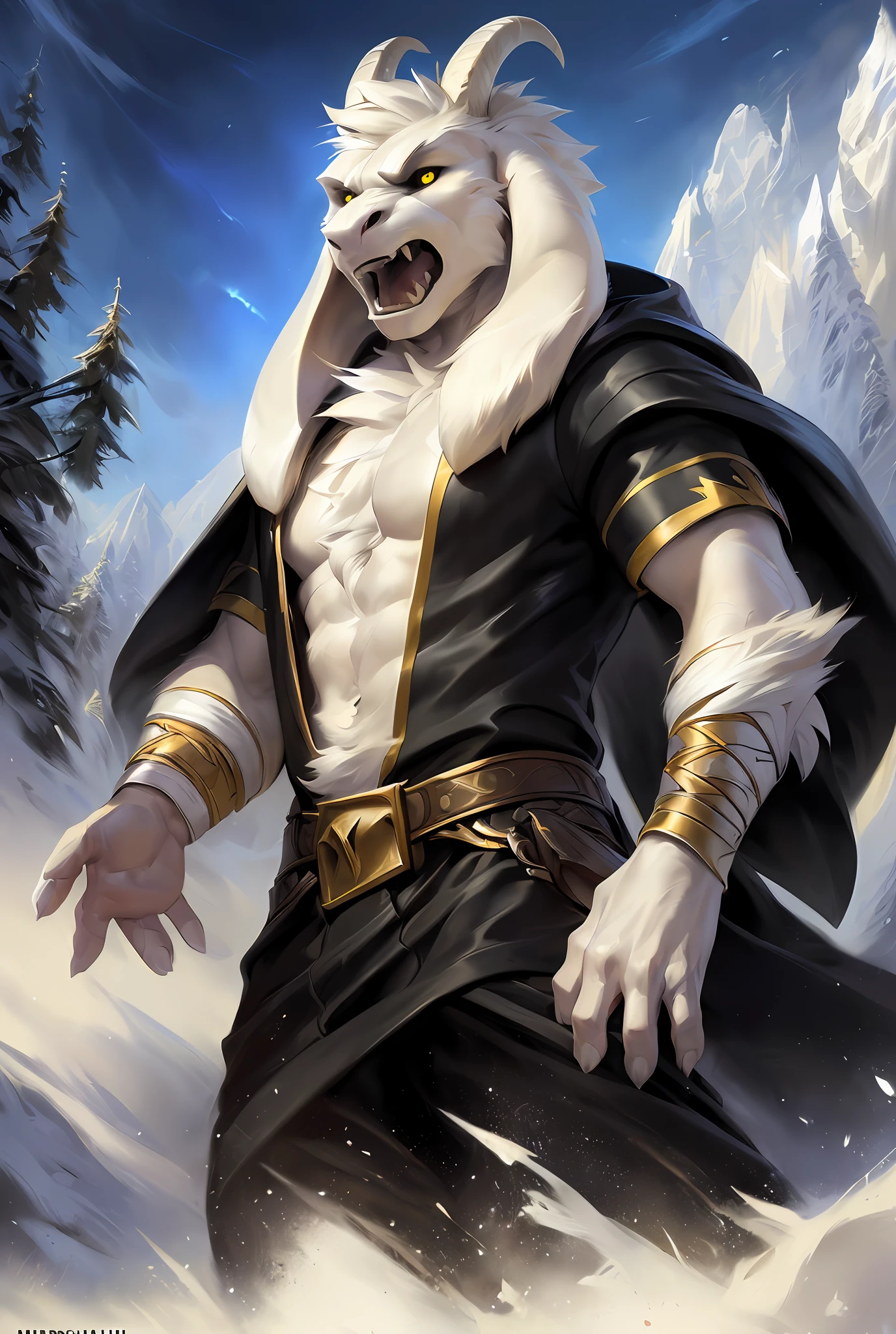 1boy,(( )), (fluffy), god of hyperdeath, ((by Michael & Inessa Garmash,Ruan Jia, Pino Daeni, chunie, darkgem)), ((asrielxdreemurr character)), black robe, horns, (best quality, ultra-detailed, best illustration, masterpiece, high res, professional artwork, famous artwork), realistic paint, black eyes, white fur, detailed realistic painting, male, (detailed white fur), asriel, portrait, detailed hands, shaded, four fingers, insane details, looking forward, (angry, open mouth, fangs), fight