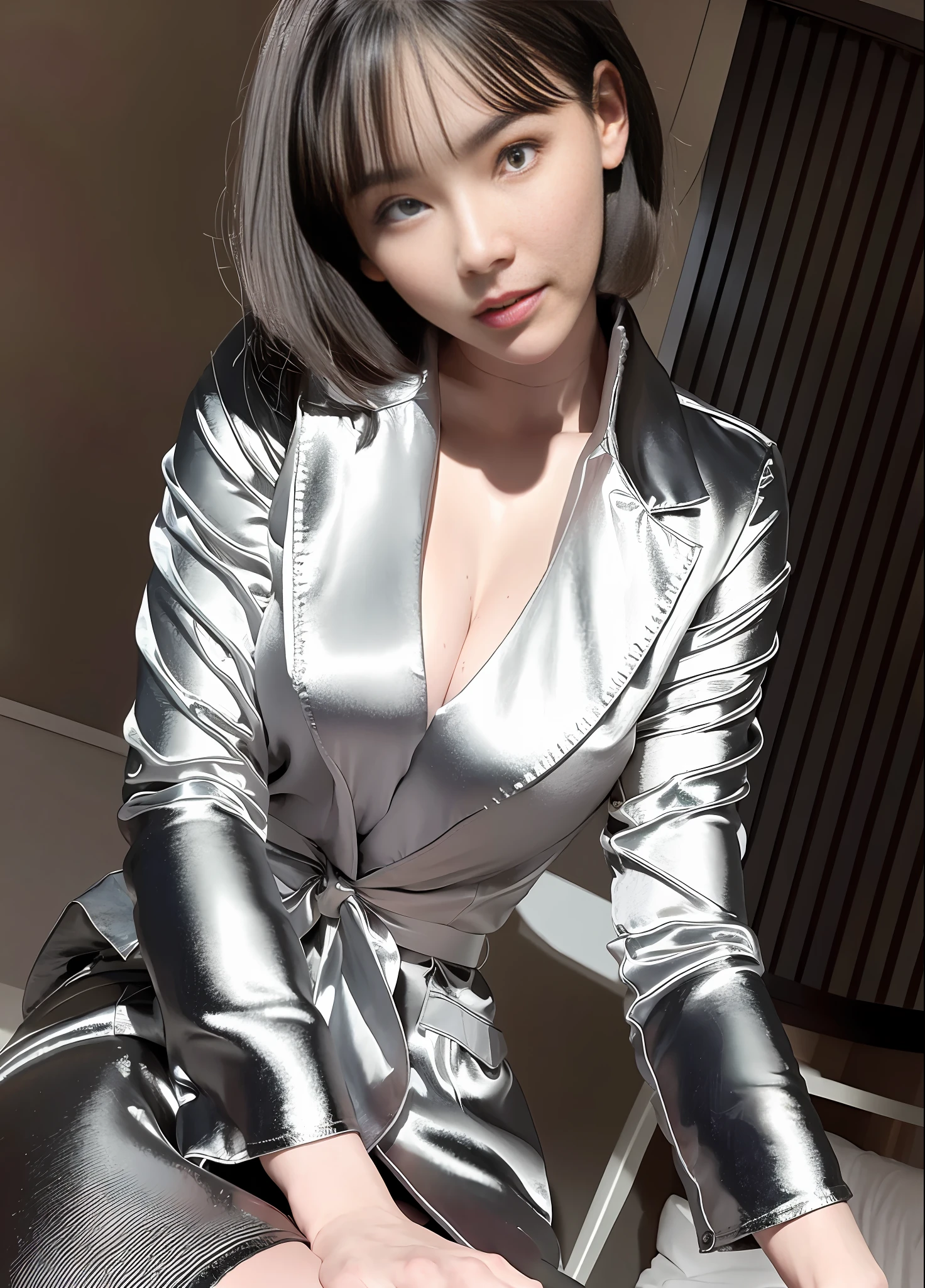 top quality, high resolution, ultra-detailed, wear a satin wrench coat, the material of the satin wrench coat and satin blouse is shiny, soft and smooth to the touch, the buttons of the satin wrench coat are large, the buttons in front of the satin wrench coat are fastened, and the underwear is not worn, the collar of the satin blouse must be taken out of the satin wrench coat, Body-fitting satin blouse, chest is C cup, Japan fashion model, wearing a shirt, wearing a coat, one beauty, the place is a hotel bedroom, the eyes are clear double, wet lips and appeal, the subject is alone, inviting provocative look, sleeping lying on your back on the bed,