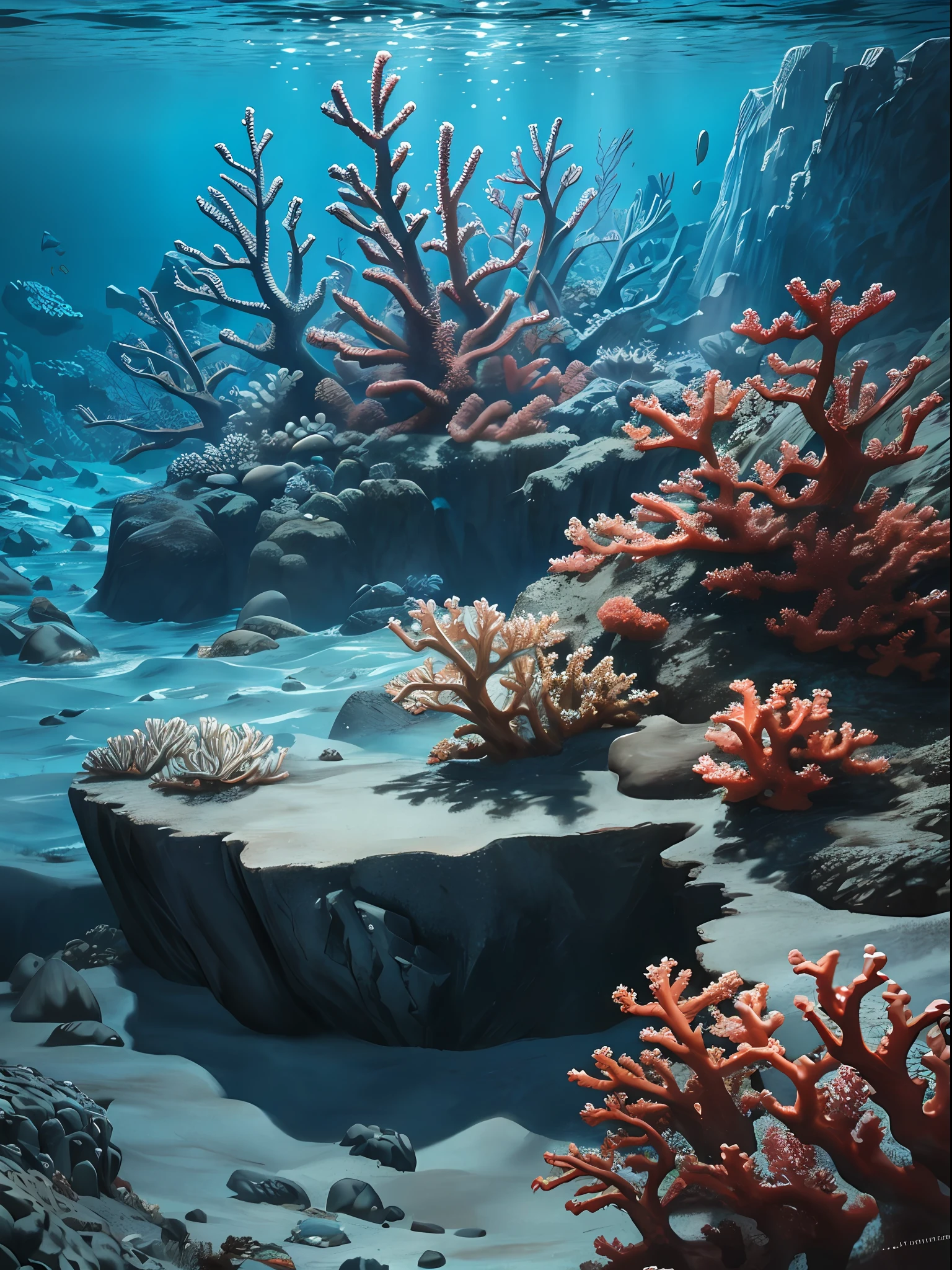 (Masterpiece, Best Quality: 1.2), ultra detail, cinematic lighting, HDR, under the sea, impressive, cold, inspirational, super detailed, photorealistic, underwater, coral, seabed, surrounded by rocks