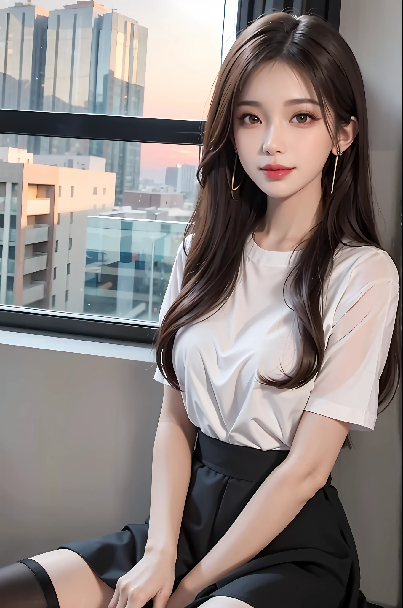 1 beautiful girl, sad girl, sitting by the window, long hair, beautiful face without blemishes, rosy face, earrings, brown eyes, thin eyebrows, most thorough makeup is eyelashes, Pink lipstick, lips petite, graceful smile, The breasts are full and round, slim waist, moderately big butt, long legs, wear a thin white shirt that reaches to the waist, Wearing a black skirt, black mesh stockings, long hair, one afternoon, sunset is fading, sky color orange, clear sunset background image, quality best image quality, 8k quality, real girl, artwork, upper body