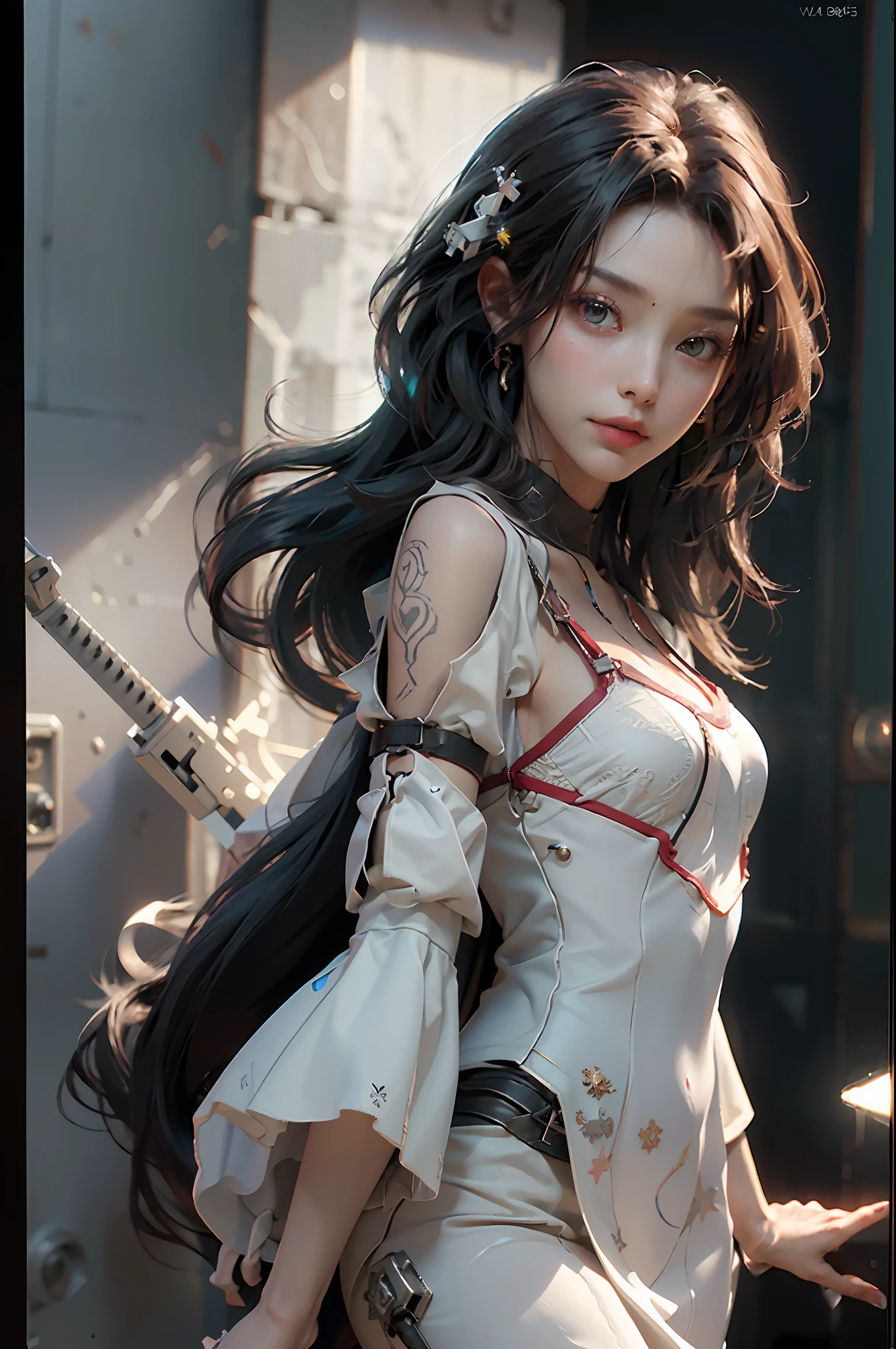 ((Best Quality)), ((Masterpiece)), (Detail: 1.4), 3D, ((Square)), Bust, Perfect Face, ((Face Close-up)), Perfect Fingers, Perfect Figure, A Beautiful Cyberpunk Female Image Facing Square, (Standing), (Upright), Action Pose, ((High Detail Skin, Visible Pores)), (Small Chest: 1.3), Neck Ring, Collar, Tight-fitting Clothing, (Firearms), HDR (High Dynamic Range), Ray Tracing, NVIDIA RTX , Super-Resolution, Unreal 5, Subsurface scattering, PBR textures, post-processing, anisotropic filtering, depth of field, maximum sharpness and sharpness, multi-layer textures, albedo and highlight maps, surface shading, accurate simulation of light-material interactions, perfect proportions, Octane Render, two-color light, large aperture, low ISO, white balance, rule of thirds, 8K RAW,