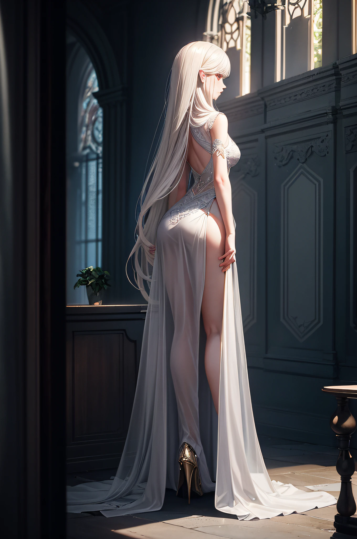 FS, an albino girl with perfect 10 features and long black Rapunzel-like hair, stands in a picturesque Avatar-like scene. Her body is graceful with a petite bust and slender legs. The girl looks stunning in a sheer organza dress with intricate designs. Her high-heeled shoes are elegant with golden patterns. The sunlight creates a subtle silhouette around her contours from the back, while soft and filling light illuminates her from the front. This scene has photorealistic qualities and is a concept art that creates a wow effect of:2. It can be found on the website 500px with hyper-superior details