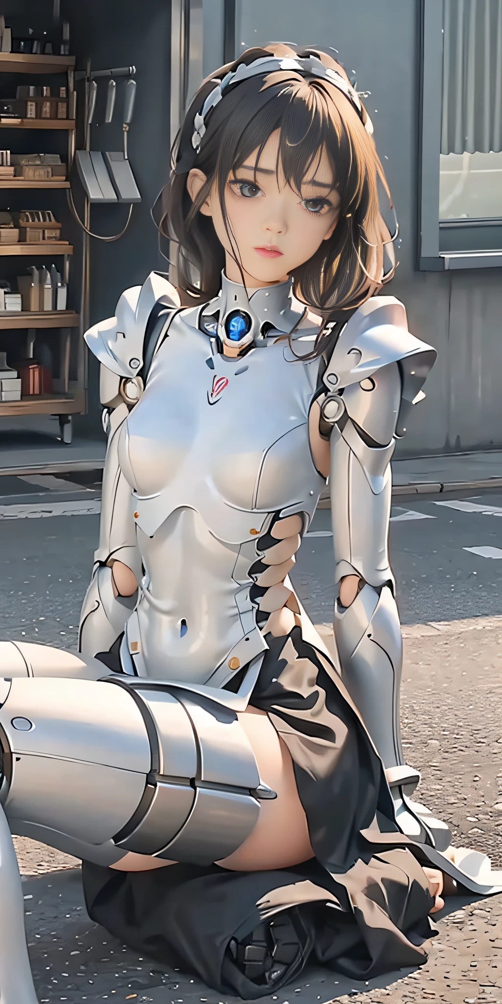 ((((masterpiece))), (best quality)))), (((ultra-detailed))), (CG illustration), ((extremely delicate and beautiful)), (cute and delicate face), cinematic light, ((1 mechanical girl)), solo, full body, (machine made joints:1.4), ((mechanical limb) ), (blood vessels connected to tubes), ((mechanical vertebrae attached to the back), ((mechanical cervical vertebrae attached to the neck)), ((sitting)), expressionless, (armor attached to the head and body: 1.5), (character focus), science fiction