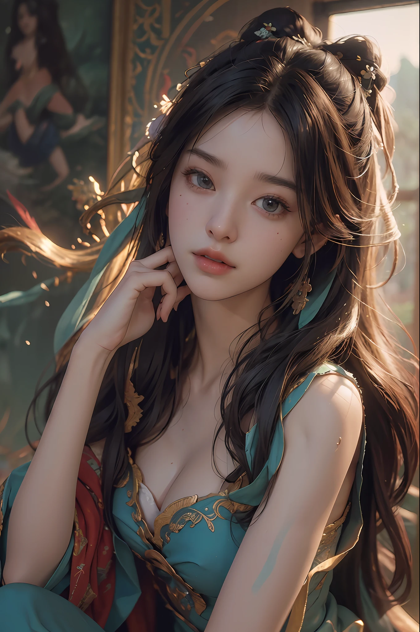 nsfw,(RAW photo, best quality),(realistic, photo-realistic:1.3),best quality,highly detailed,masterpiece,ultra-detailed,illustration,1girl,upper_body,dynamic angle,world masterpiece theater,messy_long_hair,best quality,extremely detailed CG unity 8k wallpaper,ink,Amazing,cinematic lighting,lens_flare,dunhuang_style,