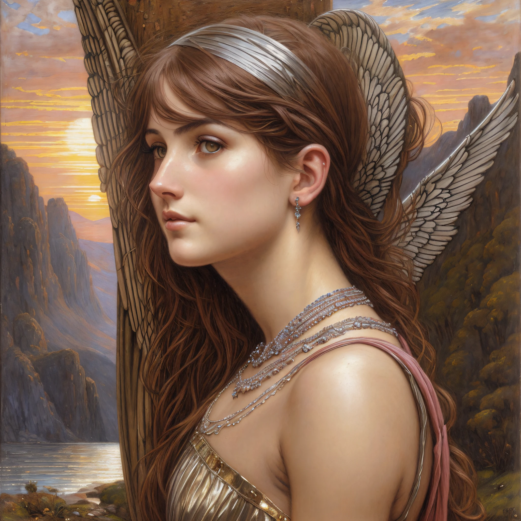 photoreal full length european young slim athletic woman, classical sorceress, gothic, angel with wings, dark makeup, short dark pink hair, jeweled glowing headband, natural tanned skin texture, heavy silver jewelry, body jewelry, wielding magic, lightning, red sunset, volcano mountain landscape background, low light, finely drawn face, finely drawn hands, high quality, photorealism, sensual, pre-raphaelite, j.w. waterhouse, alma-tadema --auto --s2