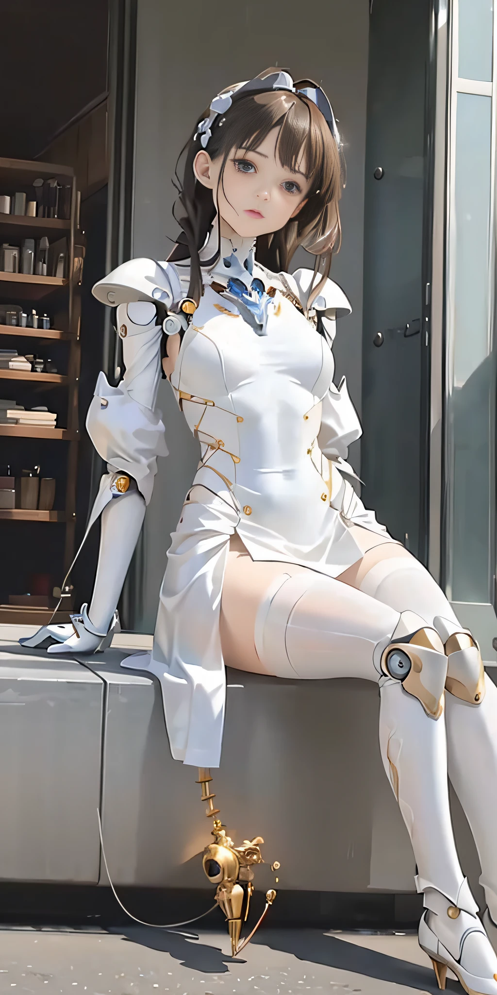 ((((masterpiece))), (best quality)))), (((ultra-detailed))), (CG illustration), ((extremely delicate and beautiful)), (cute and delicate face), cinematic light, ((1 mechanical girl)), solo, full body, (machine made joints:1.4), ((mechanical limb) ), (blood vessels connected to tubes), ((mechanical vertebrae attached to the back), ((mechanical cervical vertebrae attached to the neck)), ((sitting)), expressionless, (armor attached to the head and body: 1.5), (character focus), science fiction