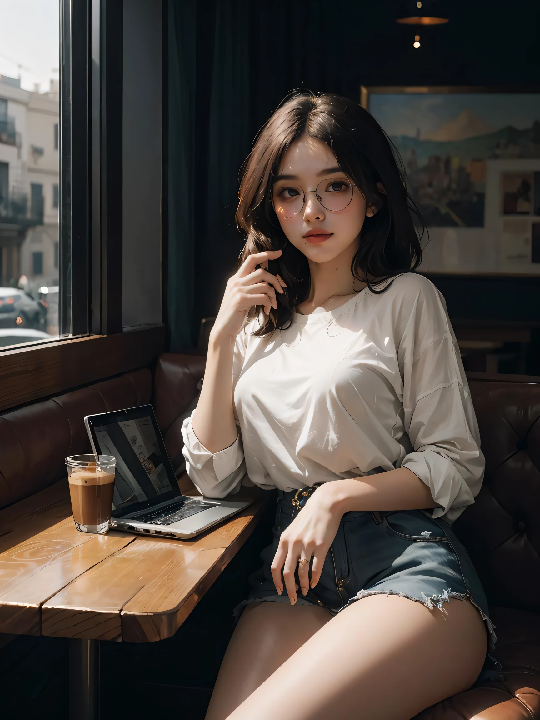 Whispers of Nature, Alphonse Mucha, Gustav Klimt, elegant figures, organic motifs by Antoni Gaud, Ren Lalique,
1girl,solo,glasses,casual outfits, coffee shop, chatting, laughter, laptops, cups of coffee, friendship,(nsfw:0.85),thighs,
(Graceful poise, evocative atmosphere, magnetic presence, refined seduction, captivating mystique:0.9)