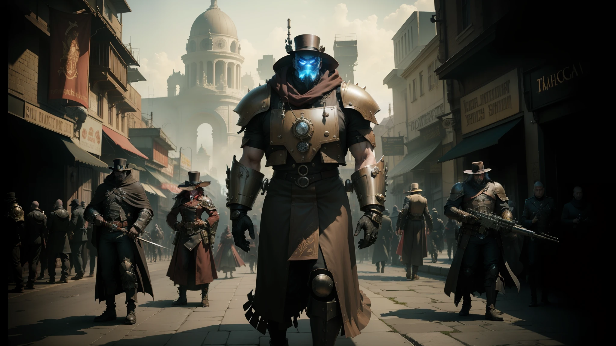 there are many people in a town with a giant robot on their back, steampunk world spikes, still from movie, smooth shading techniques, cultists watching, kopera, shoulders can be seen, grim dark, wearing steampunk top hat, juggernaut, style of john kenn mortensen, totalitarian setting, tactical squads :19, mmo --auto --s2