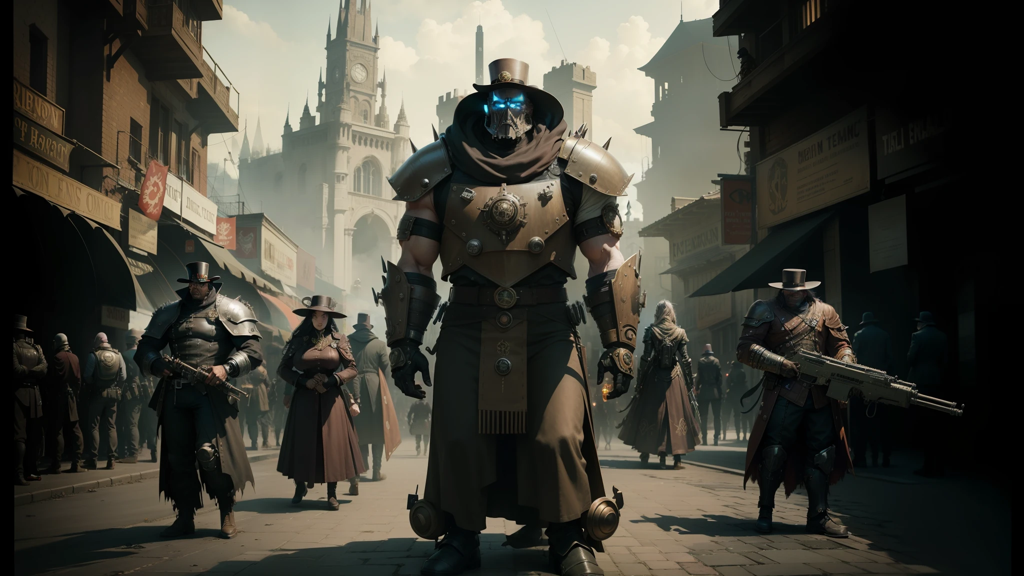 there are many people in a town with a giant robot on their back, steampunk world spikes, still from movie, smooth shading techniques, cultists watching, kopera, shoulders can be seen, grim dark, wearing steampunk top hat, juggernaut, style of john kenn mortensen, totalitarian setting, tactical squads :19, mmo --auto --s2