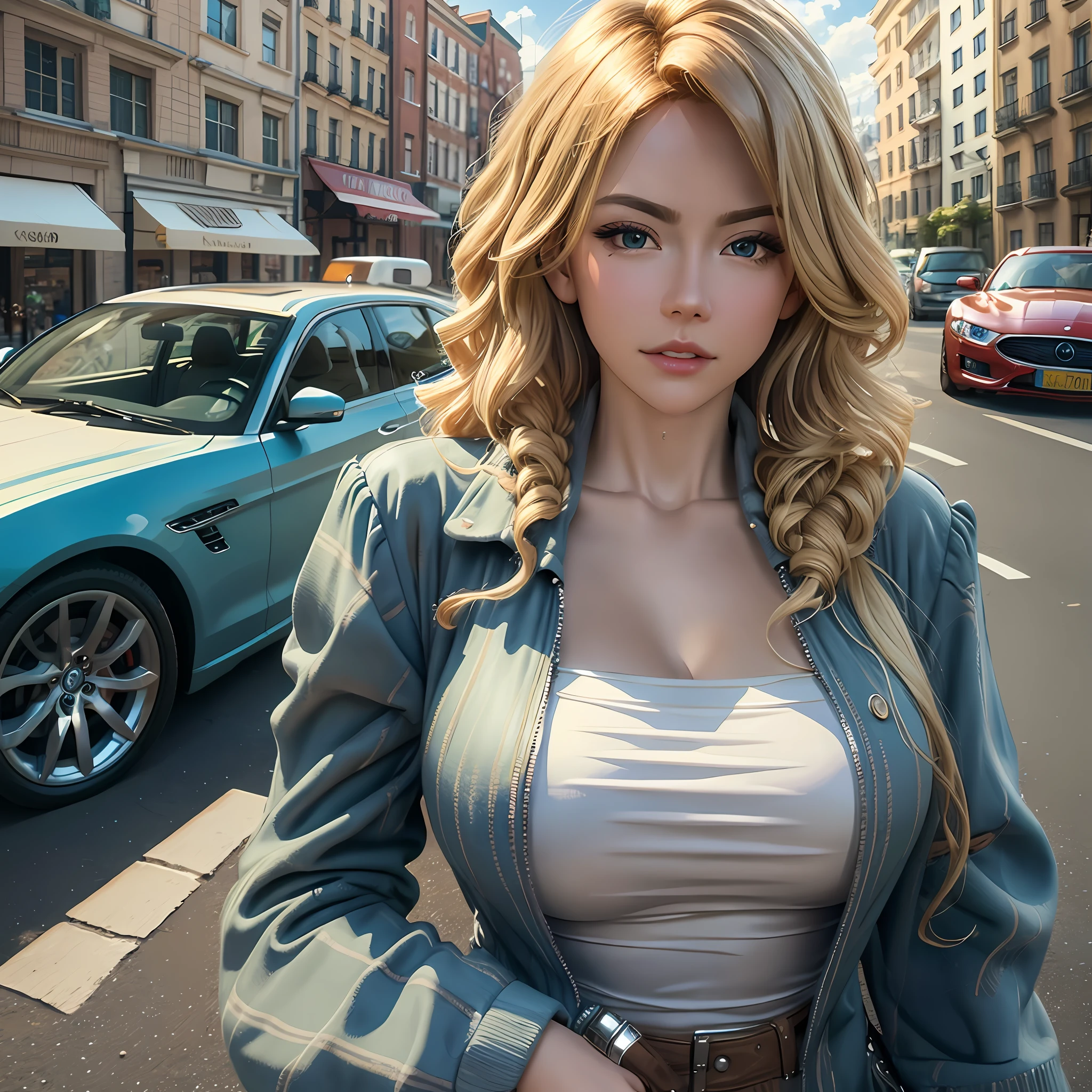 Curly blonde hair, ultra realistic 8k style selfie landscape with realistic cars medium breasts sweet look