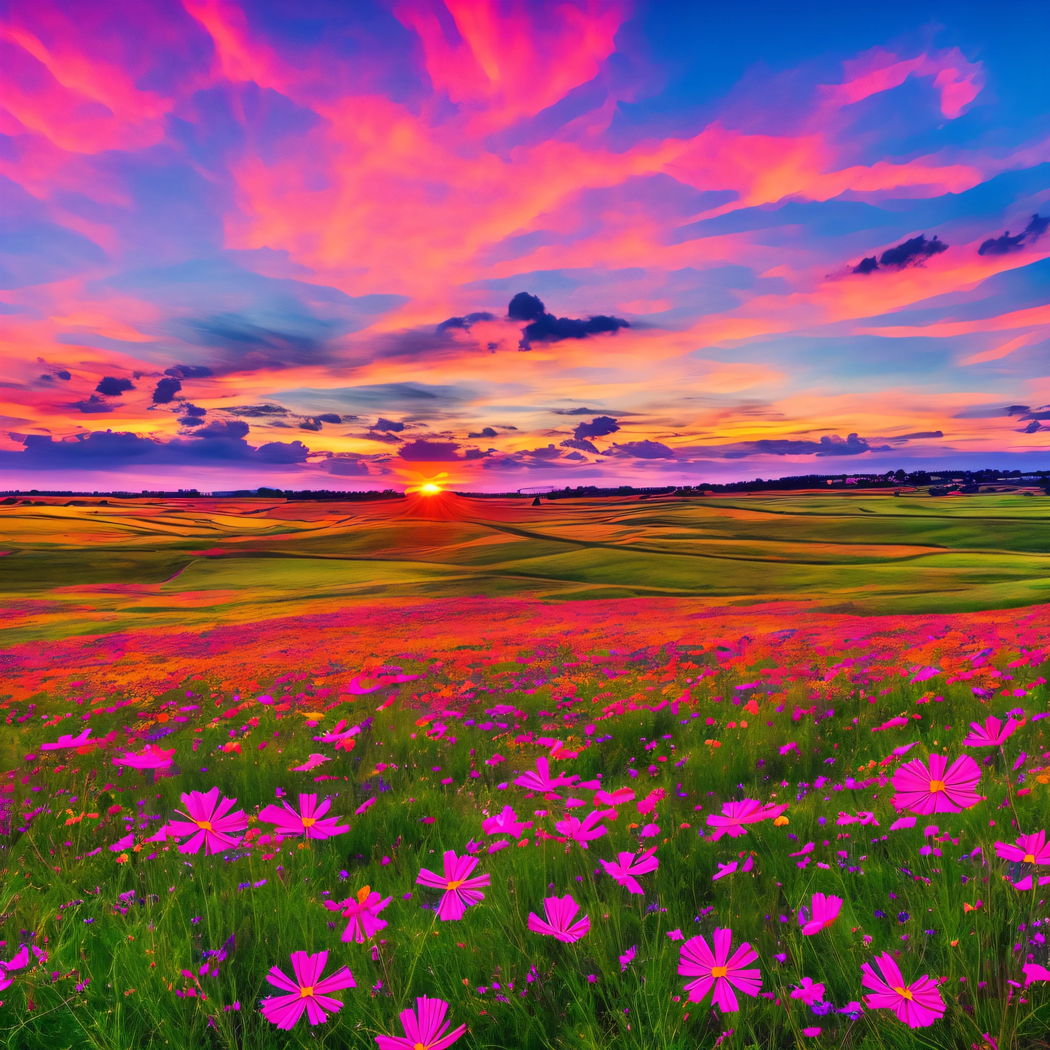 Beautiful sunset with burial mounds and cosmos fields in the background, many cosmos vivid sunsets, dreamy atmosphere 8k, colorful clouds, beautiful and spectacular sunset, beautiful dreamy scenery, --auto --s2