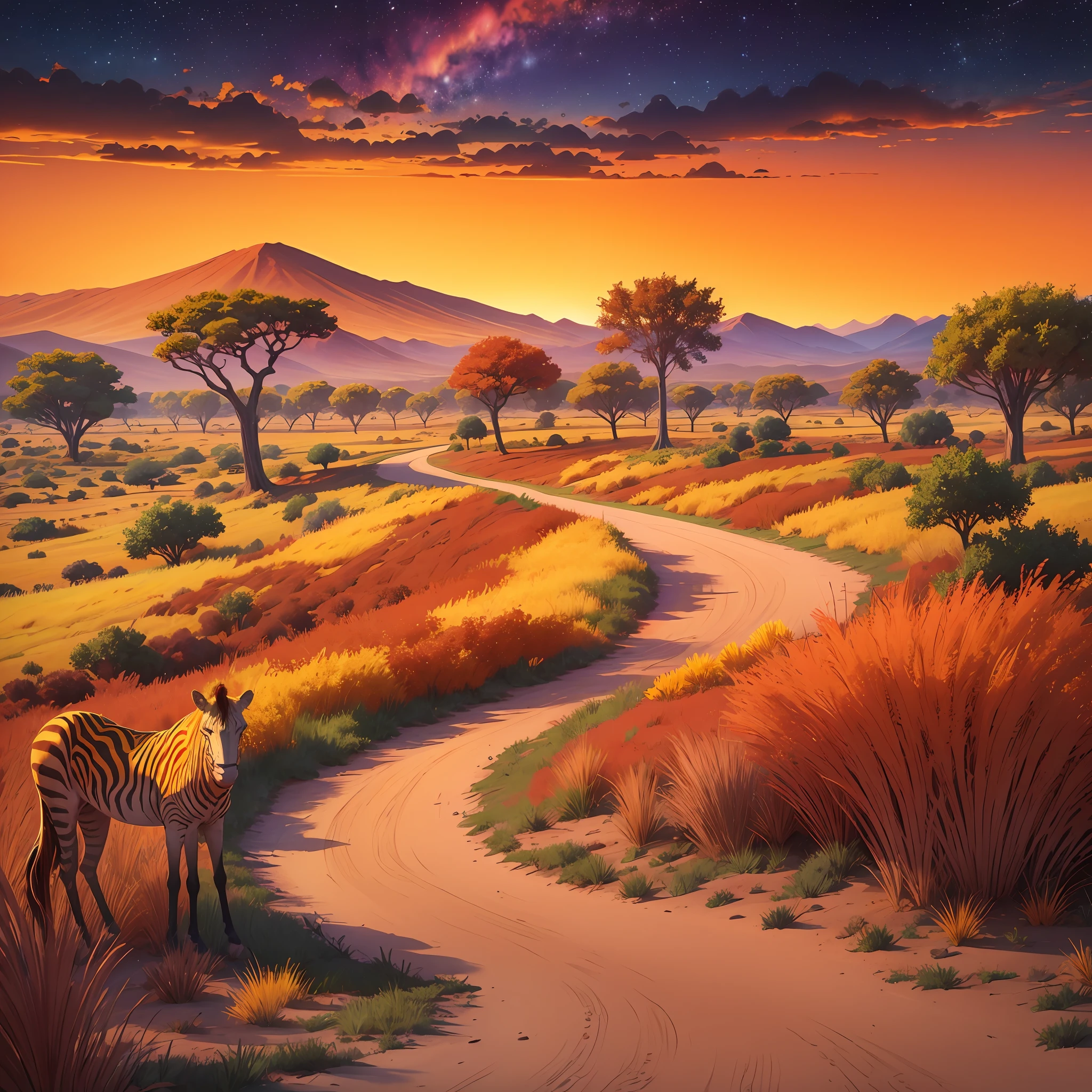 Create a vibrant and colorful landscape of the African savannah, capturing the sunset with intense shades of orange, yellow, and red, similar to the color palette used by Van Gogh in "Starry Night. --auto --s2