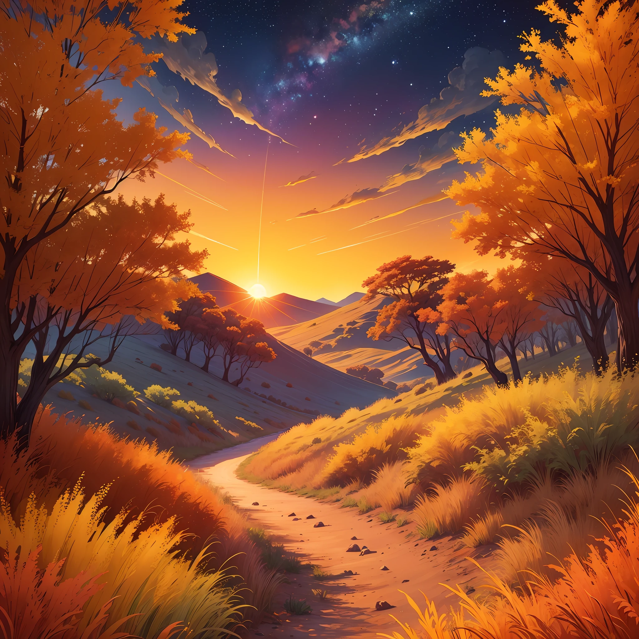 Create a vibrant and colorful landscape of the African savannah, capturing the sunset with intense shades of orange, yellow, and red, similar to the color palette used by Van Gogh in "Starry Night. --auto --s2