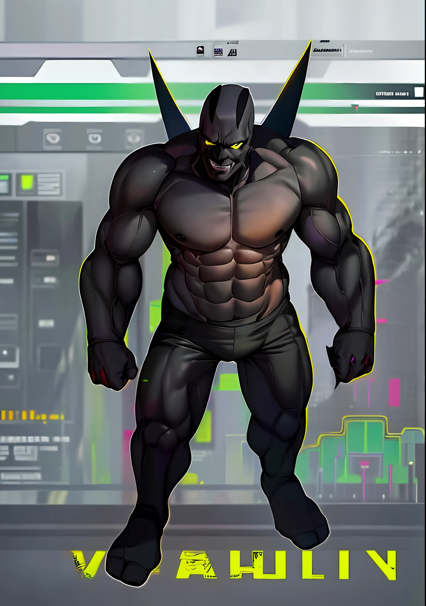 a cartoon of a man with a large muscular body, black and yellow eyes, hybrid alien man, alien wild whole body, alien whole body alien man, male alien man, human male alien, male alien man, full body concept, dark supervillain, villain pose, male alien, humanoid form, evil standing smiling pose, menacing pose, keep the same colors,  do not change colors, SFW, tight black pants, safe for work!!!