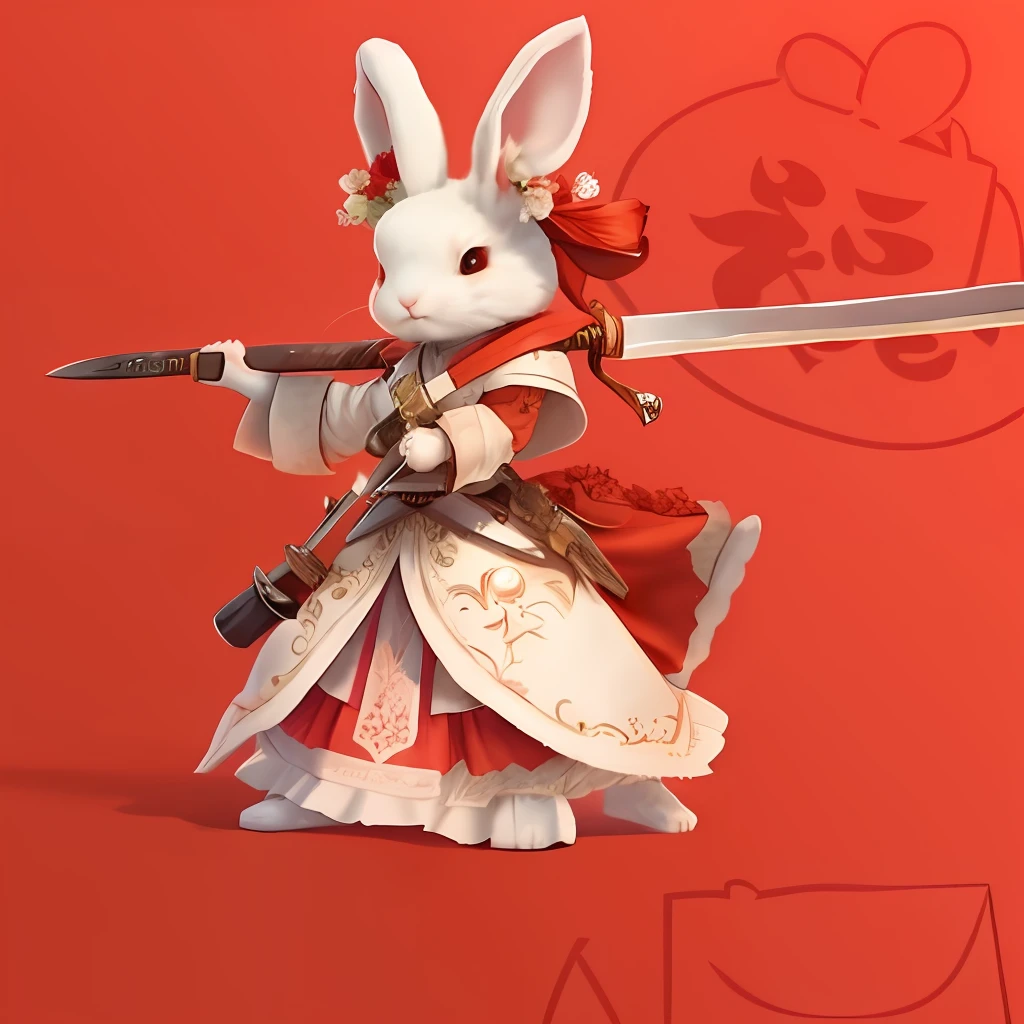 A skinny rabbit carrying a big long knife.