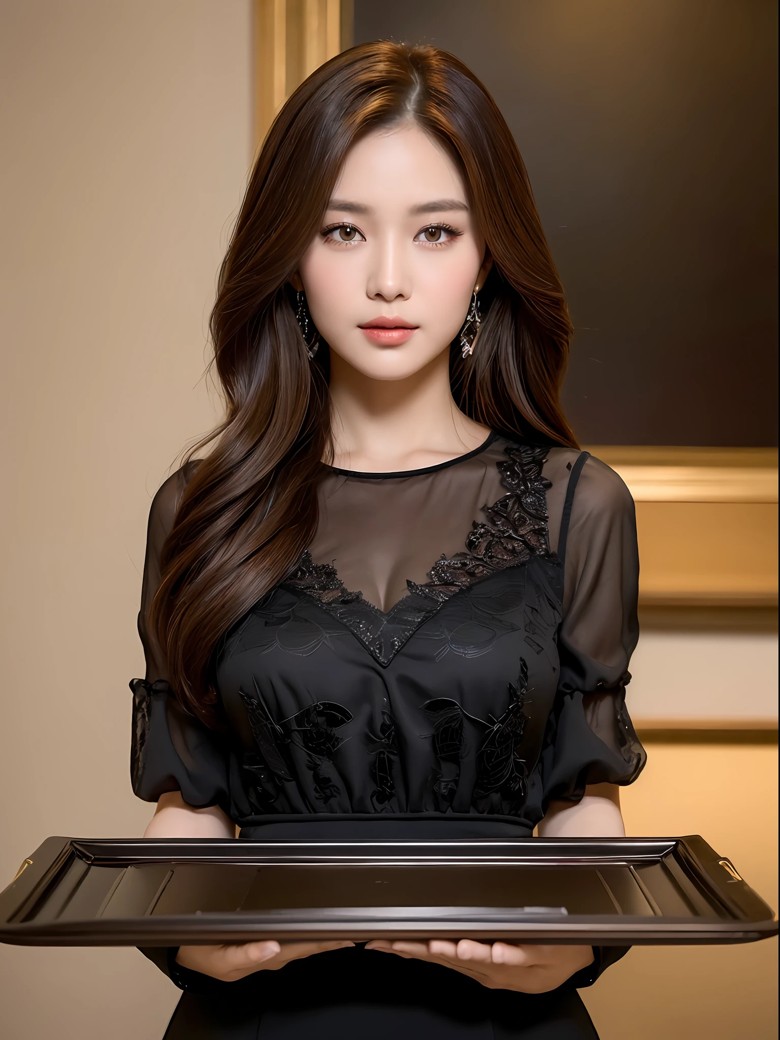 ((Best Quality, 4K, Masterpiece: 1.3)), a beautiful woman with perfect figure: 1.4, dark brown hair, the woman is holding a tray in her hands in front of her, the woman is wearing a black dress, highly detailed face and skin texture, detailed eyes, double eyelids