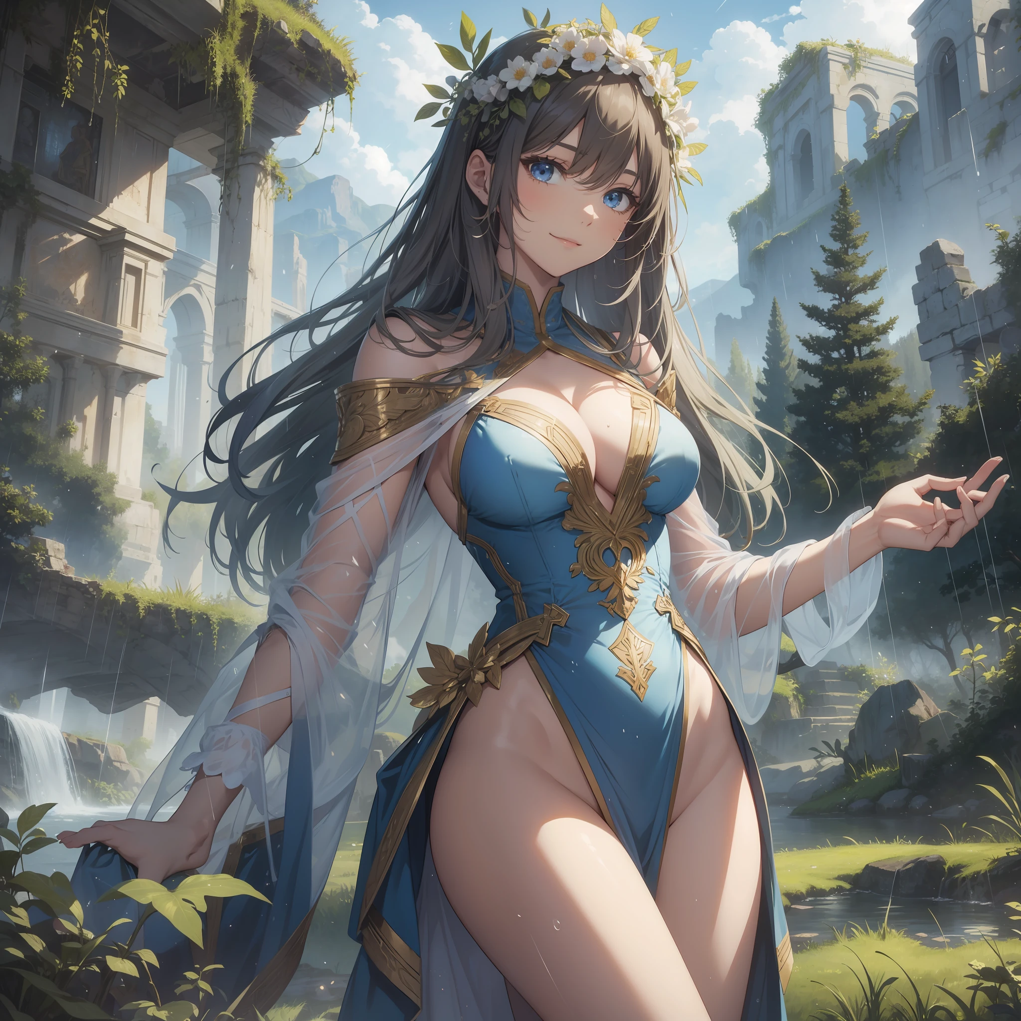 best quality, masterpiece, 1girl, solo, beautiful, perfect anatomy, young, mature, sexy, grassland, wearing sexy intricate white leotard, loose cloth, beautiful embroidery, beautiful smile, detailed face, nice body, nice proportions, fireflies, fantasy, long beautiful hair, rain, wet, ruins, ancient, moss, trees, foliage, mountains, vast landscape, anciet ruins, greek, roman, fantasy, out door lighting, clouds, blue sky