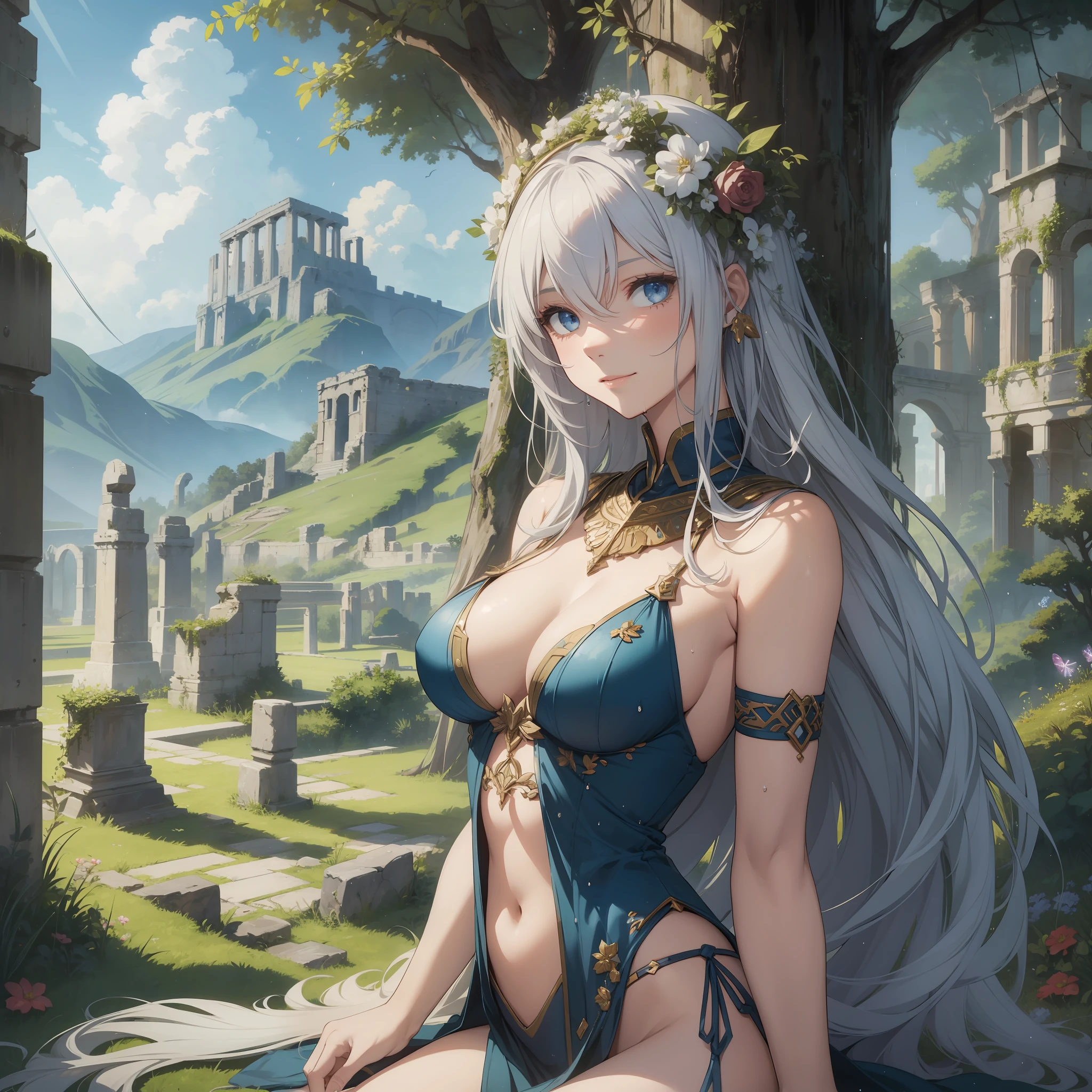 best quality, masterpiece, 1girl, solo, beautiful, perfect anatomy, young, mature, sexy, grassland, wearing sexy intricate white leotard, loose cloth, beautiful embroidery, beautiful smile, detailed face, nice body, nice proportions, fireflies, fantasy, long beautiful hair, rain, wet, ruins, ancient, moss, trees, foliage, mountains, vast landscape, anciet ruins, greek, roman, fantasy, out door lighting, clouds, blue sky