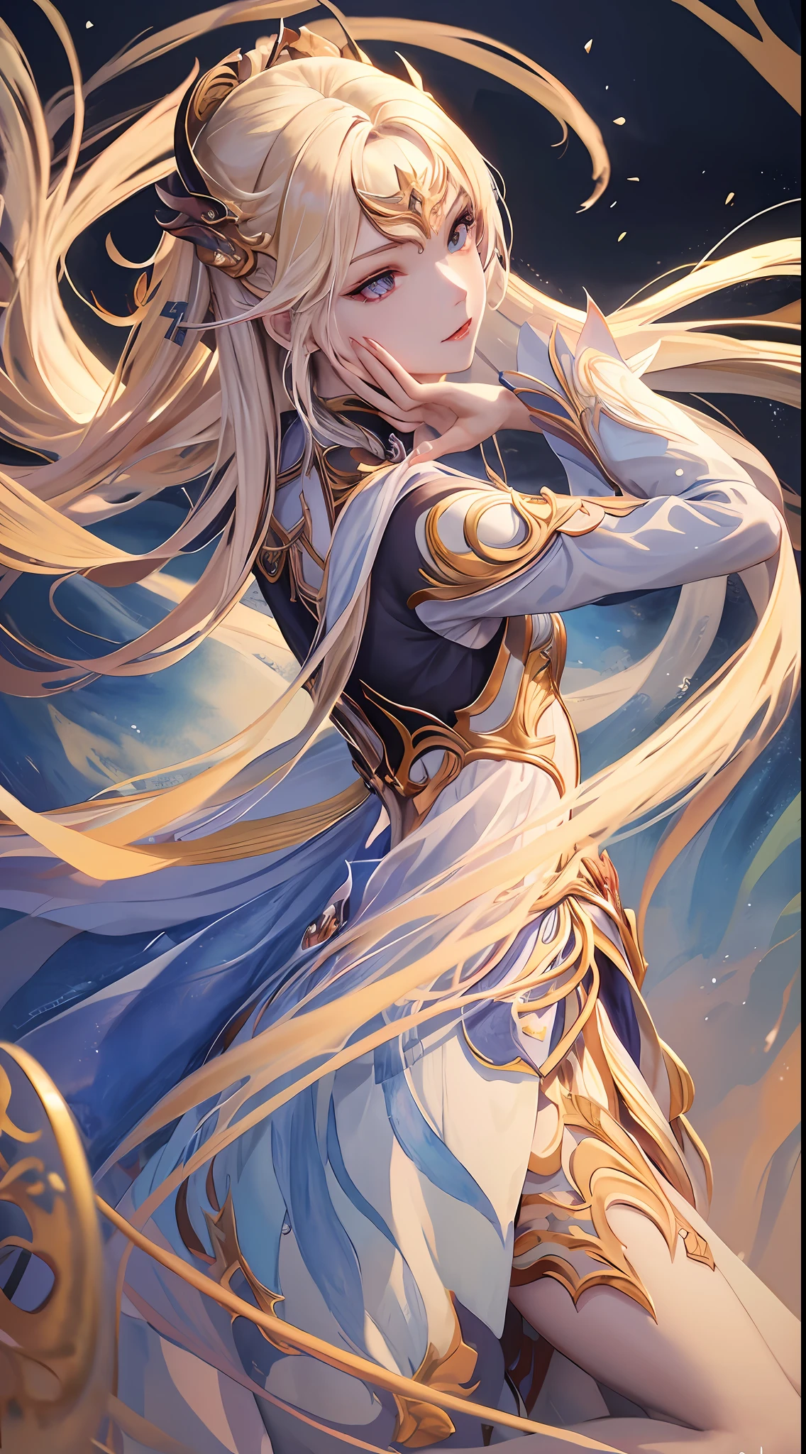 solo,千仞雪,全身,黄头发,(masterpiece,topquality,bestquality,officialart,beautifulandaesthetic:1.2),(1girl:1.3),long hair,extremedetailed,colorful,highestdetailed,(watercolourpainting:1.3),opticalmixing,playfulpatterns,livelytexture,richcolors,uniquevisualeffect