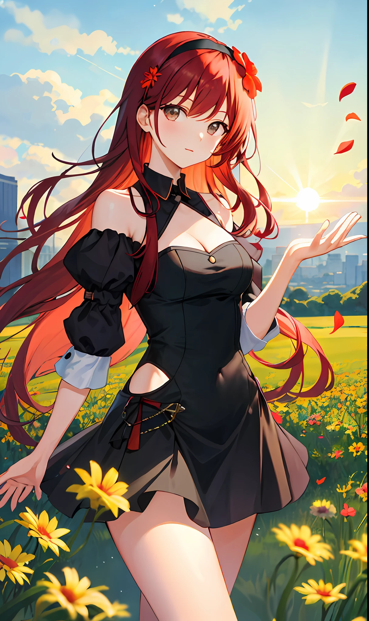 ((masterpiece, best quality)), (1girl),((mature female)), red hair, hairband, bangs, long hair, two piece strapless suit, micro suit, __location__， leotard, , black hairband, shoulder cutout, black thitying hair,curvy,cleavage,confident, ((flying petal)),(Flowery meadow) sky, cloudy_sky, building, sunlight, sun, evening,, (evening theme:1.3), light, fantasy,