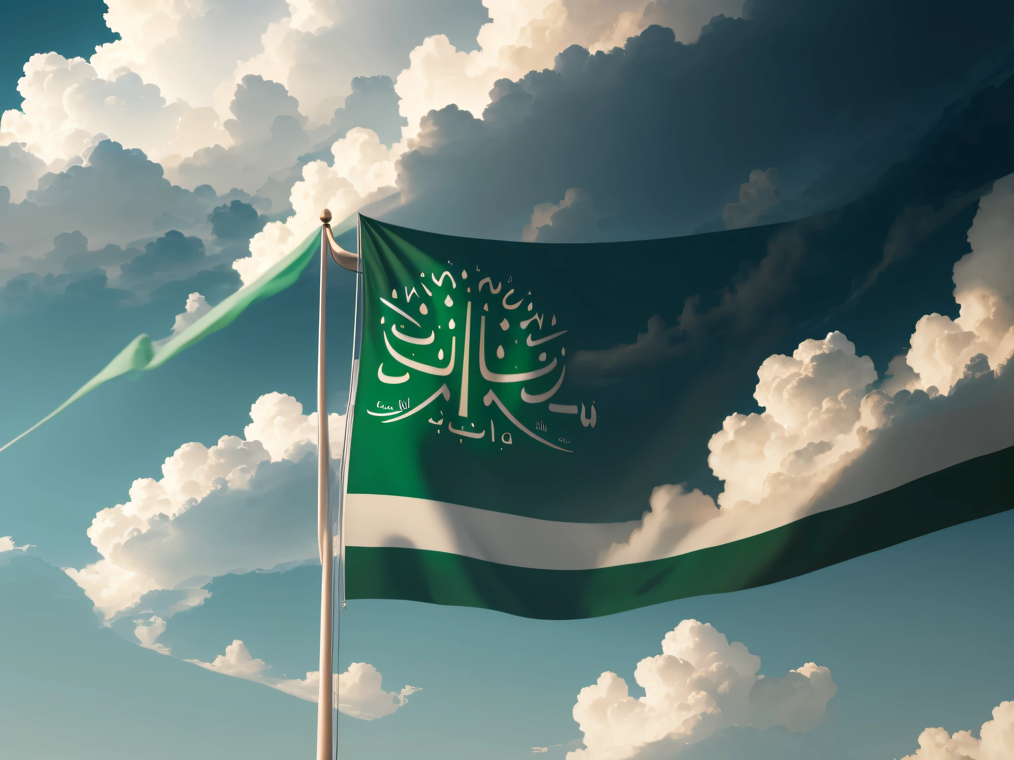 Saudi Arabia national flag cloth fabric on cloud background. --auto --s2