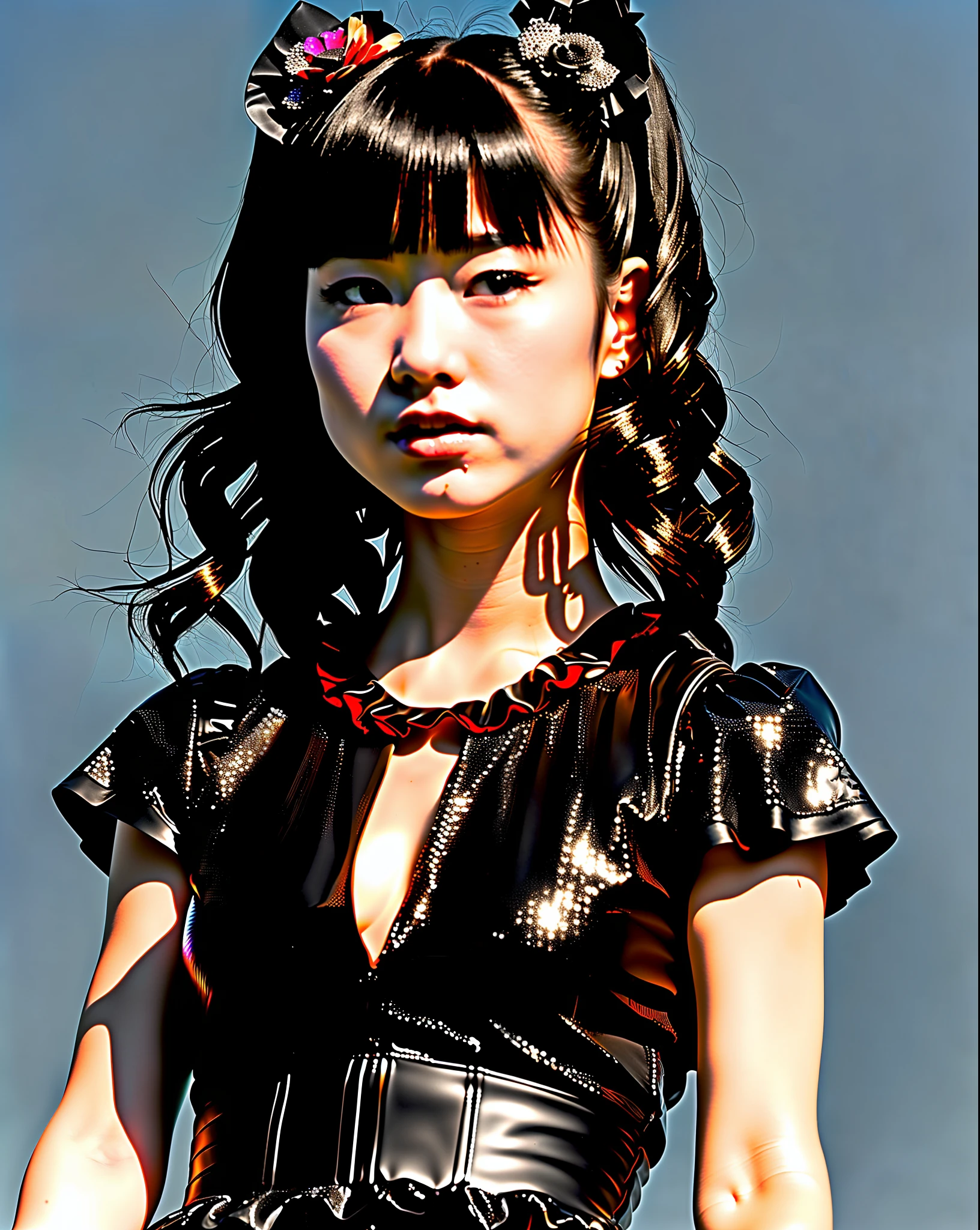 RAW photo, hyper real photo of japanese girl yuimetal with twintails hair in black dress with iridescent sequined outfit that glimmers in the light reflections, open chest, futuristic gothic style, black lether and steel studs, a music album cover, space galaxy in background, metal rock music concert, heavy metal style, pixiv contest winner, precisionism, official art, high resolution, uhd image, best quality masterpiece, photorealistic, detailed, 8k, HDR, shallow depth of field, broad light, high contrast, dark background with ancient temple, old stone statues of fox god, backlighting, bloom, light sparkles, chromatic aberration, sharp focus, RAW color photo, film still, Film-like, bokeh, 3d, cinematic lighting, 8k resolution, Nikon 85mm, Award Winning, Glamour Photograph, extremely detailed, high quality, film grain