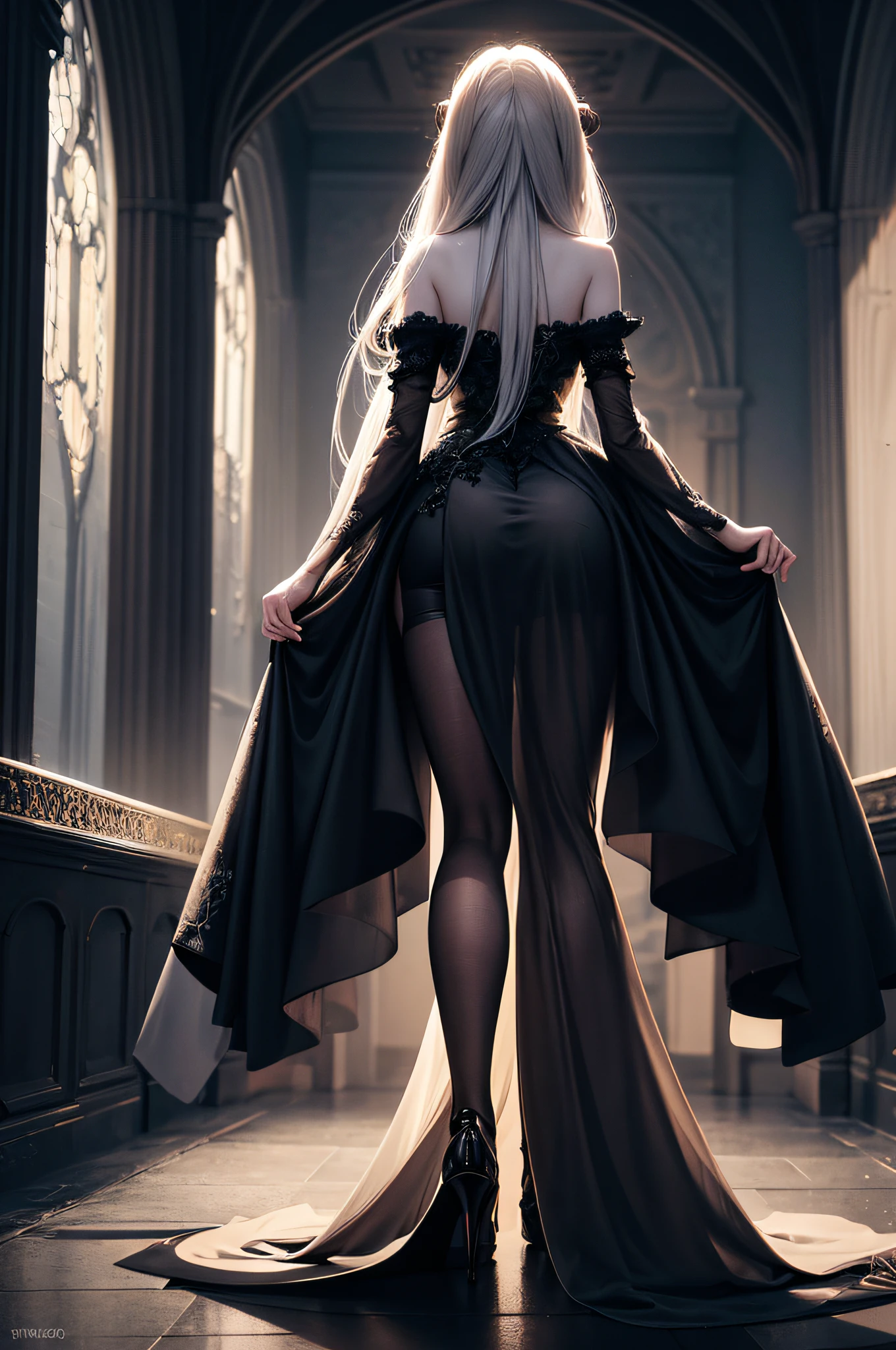 FS, an albino girl with perfect 10 features and long black Rapunzel-like hair, stands in a picturesque Avatar-like scene. Her body is graceful with a petite bust and slender legs. The girl looks stunning in a sheer organza dress with intricate designs. Her high-heeled shoes are elegant with golden patterns. The sunlight creates a subtle silhouette around her contours from the back, while soft and filling light illuminates her from the front. This scene has photorealistic qualities and is a concept art that creates a wow effect of:2. It can be found on the website 500px with hyper-superior details