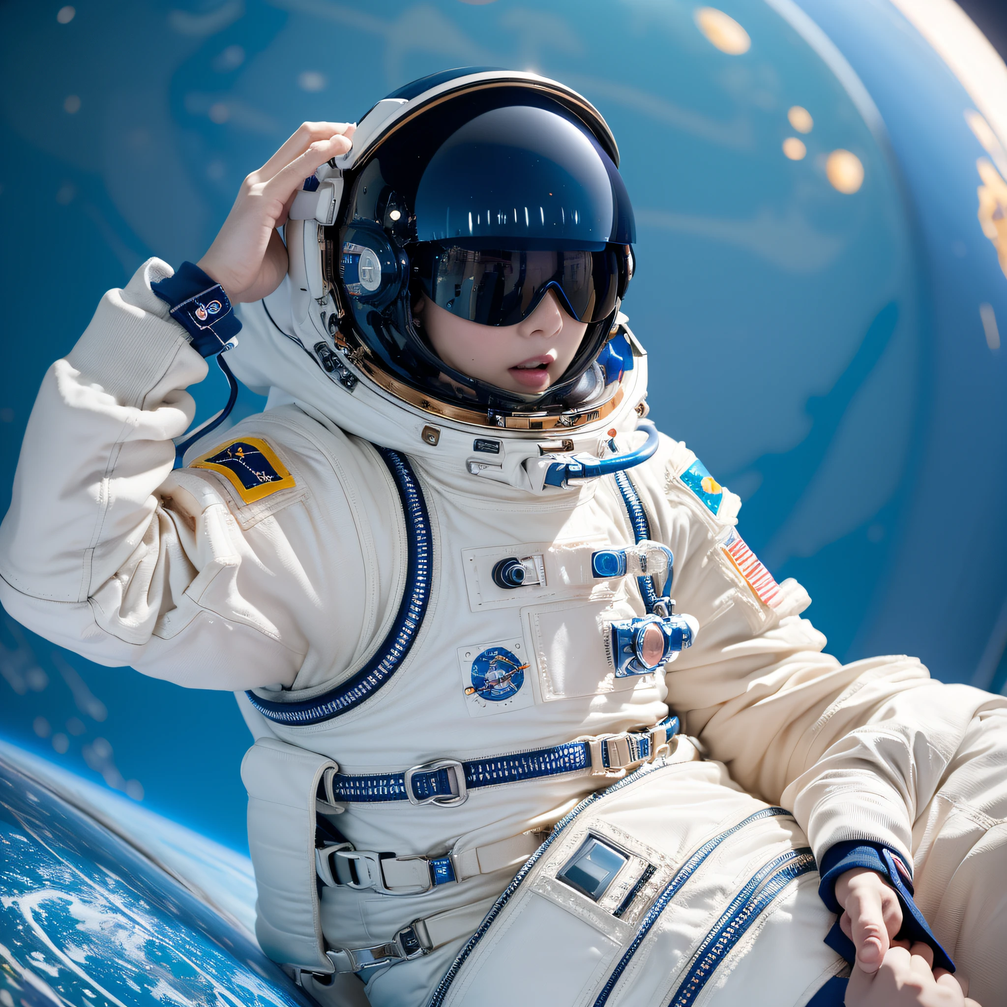 (NSFW not safe for work), Real 16k, High Definition, Live Action, (One Adult Woman), Astronaut, Spacewalk, Blue Earth Background