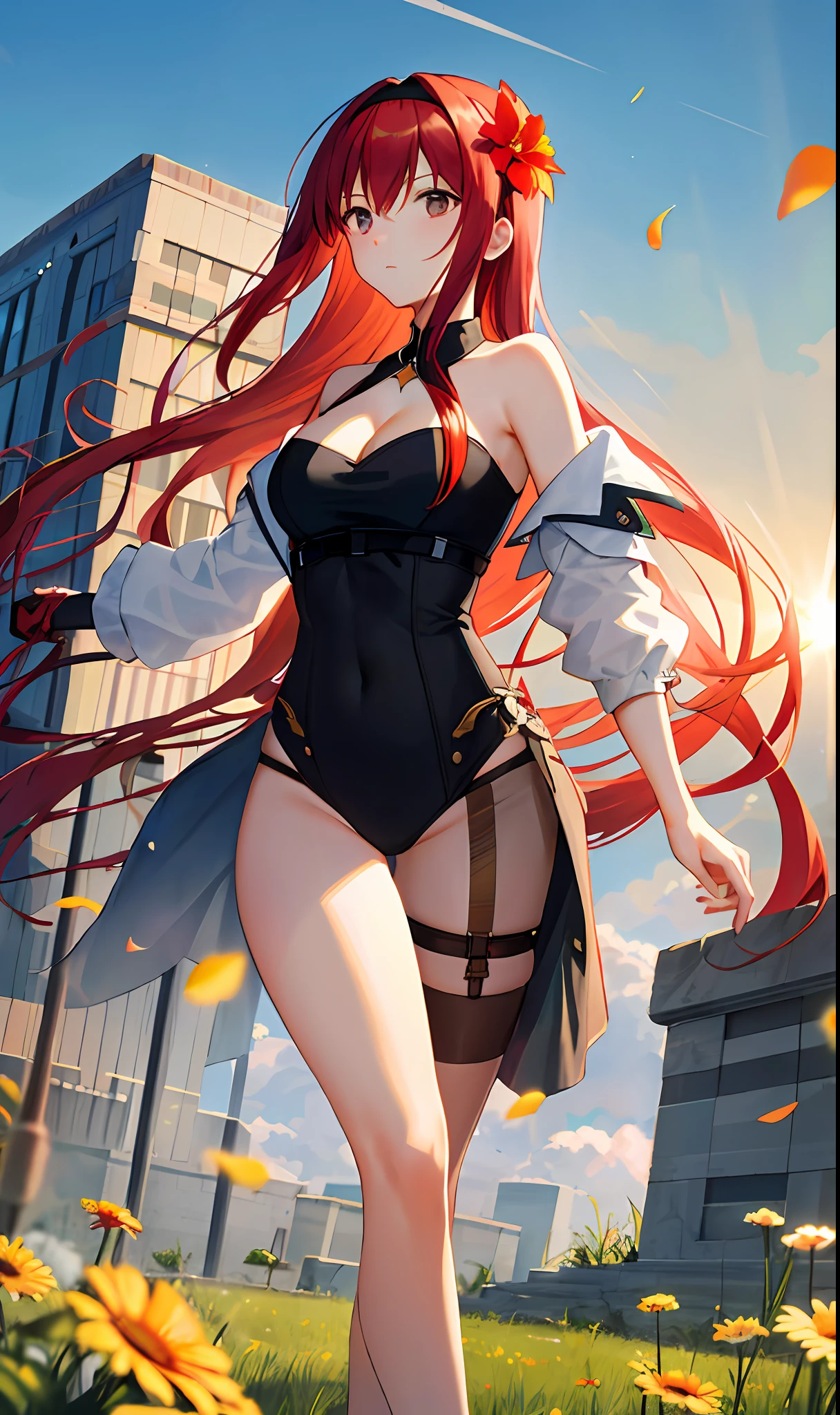 ((masterpiece, best quality)), (1girl),(( female)), red hair, hairband, bangs, long hair, two piece strapless suit, micro suit, __location__, leotard, , black hairband, shoulder cutout, black thitying hair,curvy,cleavadent, ((flying petal)),(Flowery meadow) sky, cloudy_sky, building, sunlight, sun, evening,, (evening theme:1.3), light, fantasy,