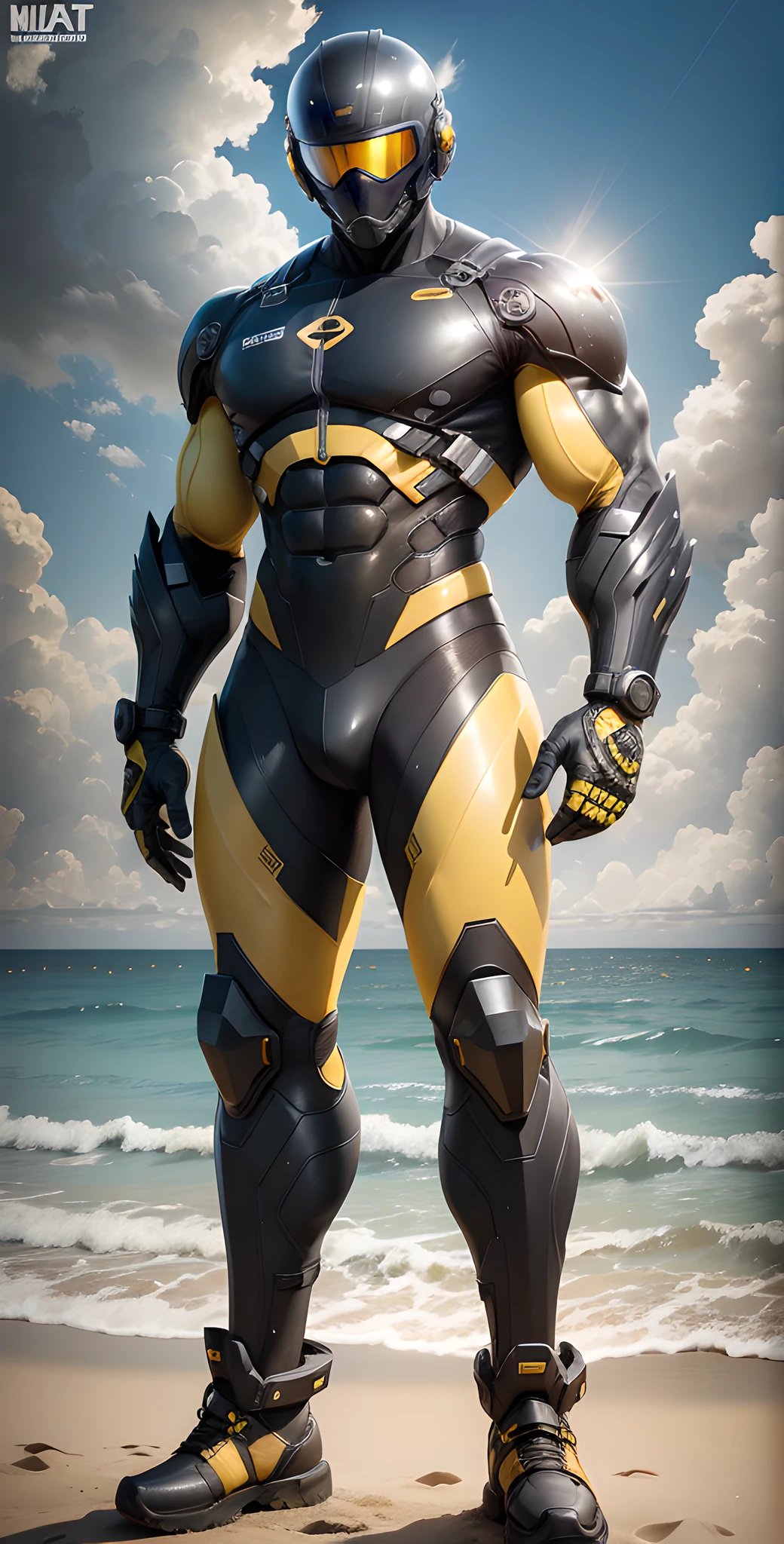 Man in yellow and black clothes standing on the sunny beach, muscular man, American round inch, Buzz cut, muscular! Wearing a cool mechanical helmet, round head Buzz Cut, stealth suit, symmetrical floral texture design, optimal picture quality and resolution, character design special forces, black military boots, attractive strong men and armor, weaving sunlight through the clouds