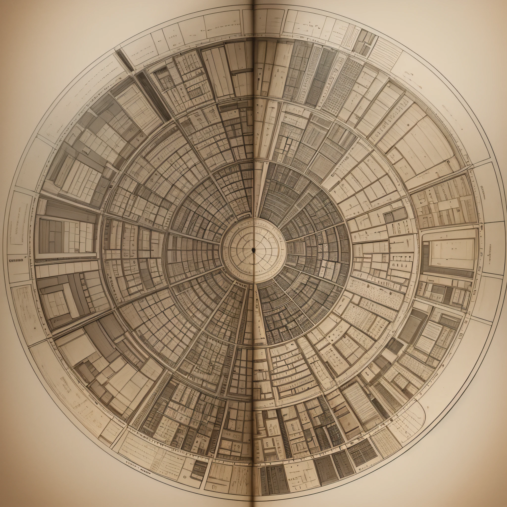 Map of a city between mountains, surrounded by a round wall, the streets form circles one within the other, and in the center has a circular, detailed, unshaded square