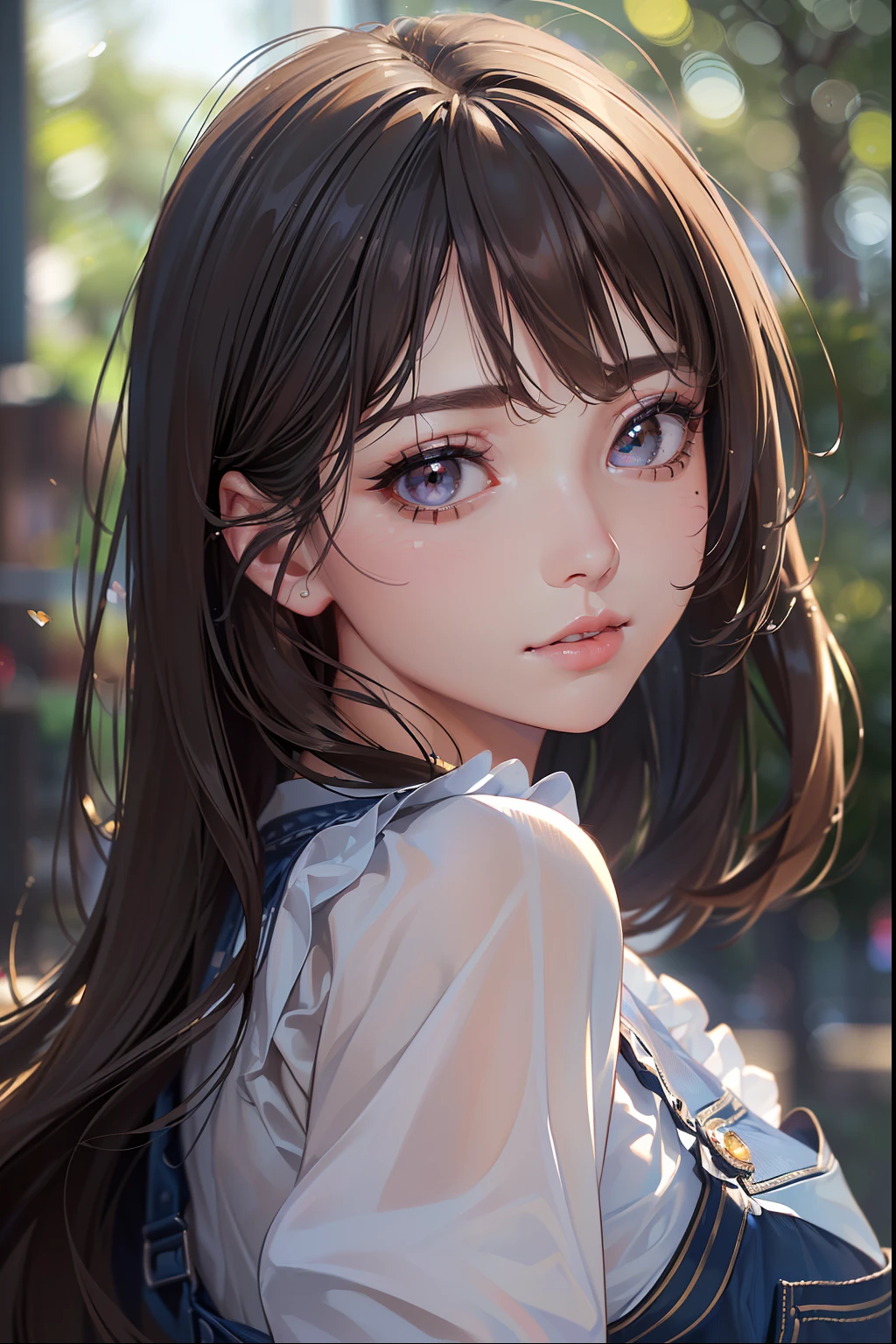 ((Best Quality:1.2, 8k, Sharp Focus, photo realistic:1.2, Masterpiece: 1.4, back Light, Ultimate Girl, Highly Detailed Facial Textures, 
Highly Detailed Facial Textures, detailed beauty makeup: 1.2, realistic skin, detailed eyes, detailed bangs)), (overalls),(park background), head tilt, large breast, light brown hair,