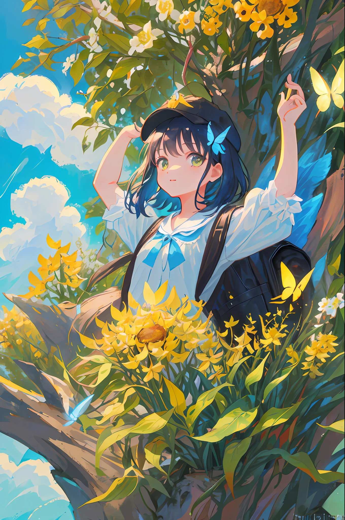 A charming little girl with a backpack is enjoying a cute spring outing surrounded by beautiful yellow flowers and nature with her cute puppy. The illustration is a high-definition illustration in 4k resolution with highly detailed facial features and cartoon-style visuals, (Butterfly Dance)