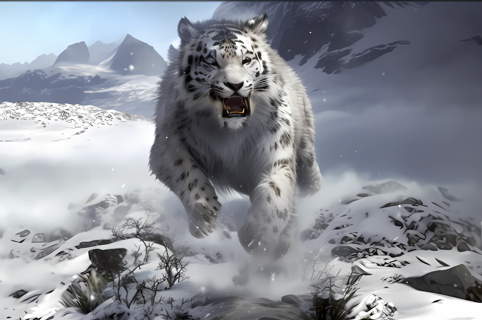 Snowy mountain scene with snow leopard running in the snow, tiger_beast, white tiger, phoenix pearl|, dramatic cinematic detail fur, epic digital painting, saber-toothed white tiger, highly realistic concept art, intense expression 4K, arctic, 3D rendering and matte painting, Liekan, Yang Bolun, 3 0, strong and fierce, roaring, fierce eyes