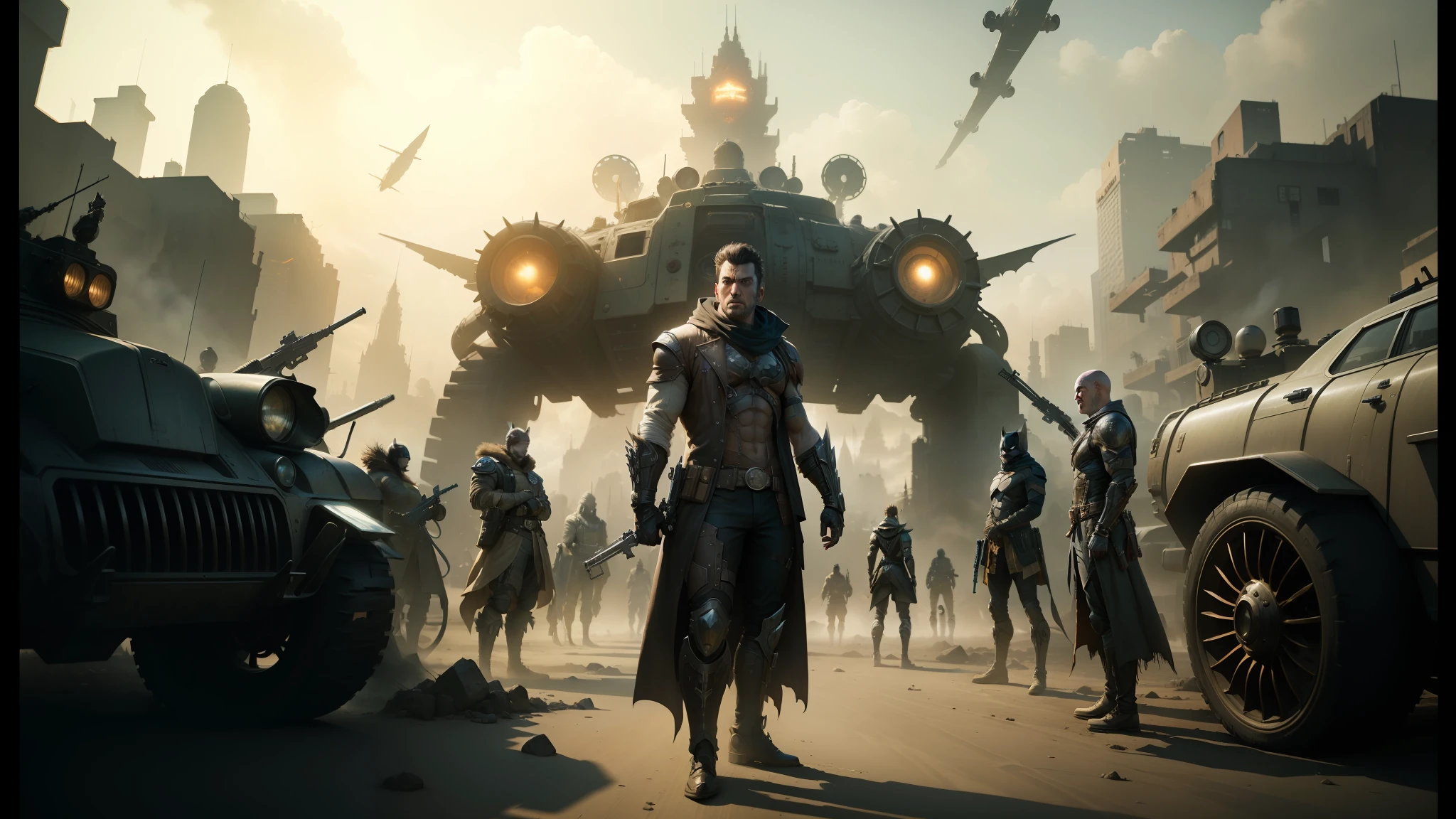 arafed image of a man in a costume standing in front of a group of people, in a dystopian landscape, unreal engine fantasy art, symmetrical dieselpunk warrior, still from a music video, batman with guns, by Dong Yuan, world boss kitten, fantasy races, promotional render, in mad max style, kaladesh concept art. mechanical, gunslinger --auto --s2